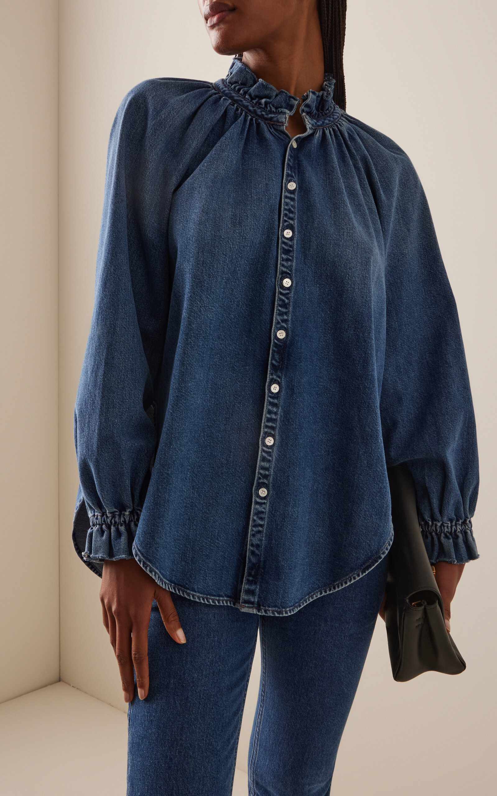 x Bloom Farm Exclusive Loretta Ruffled Denim Shirt medium wash - 5