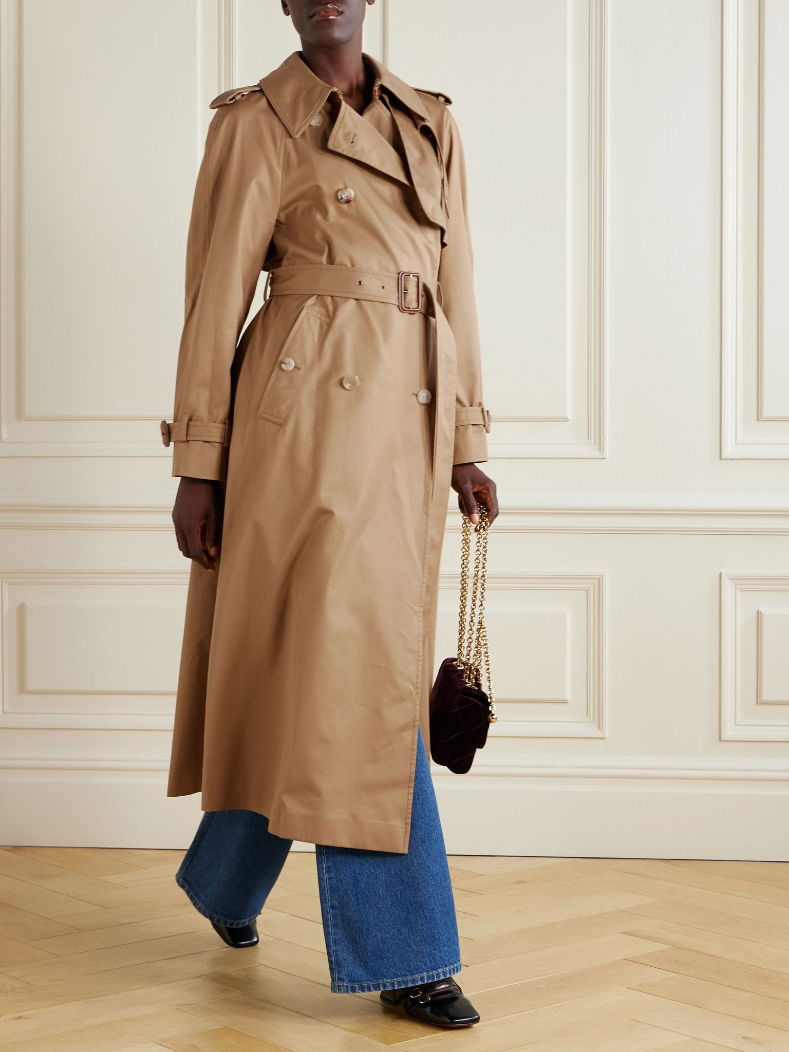 Double-breasted leather-trimmed cotton-gabardine trench coat Brown - 2