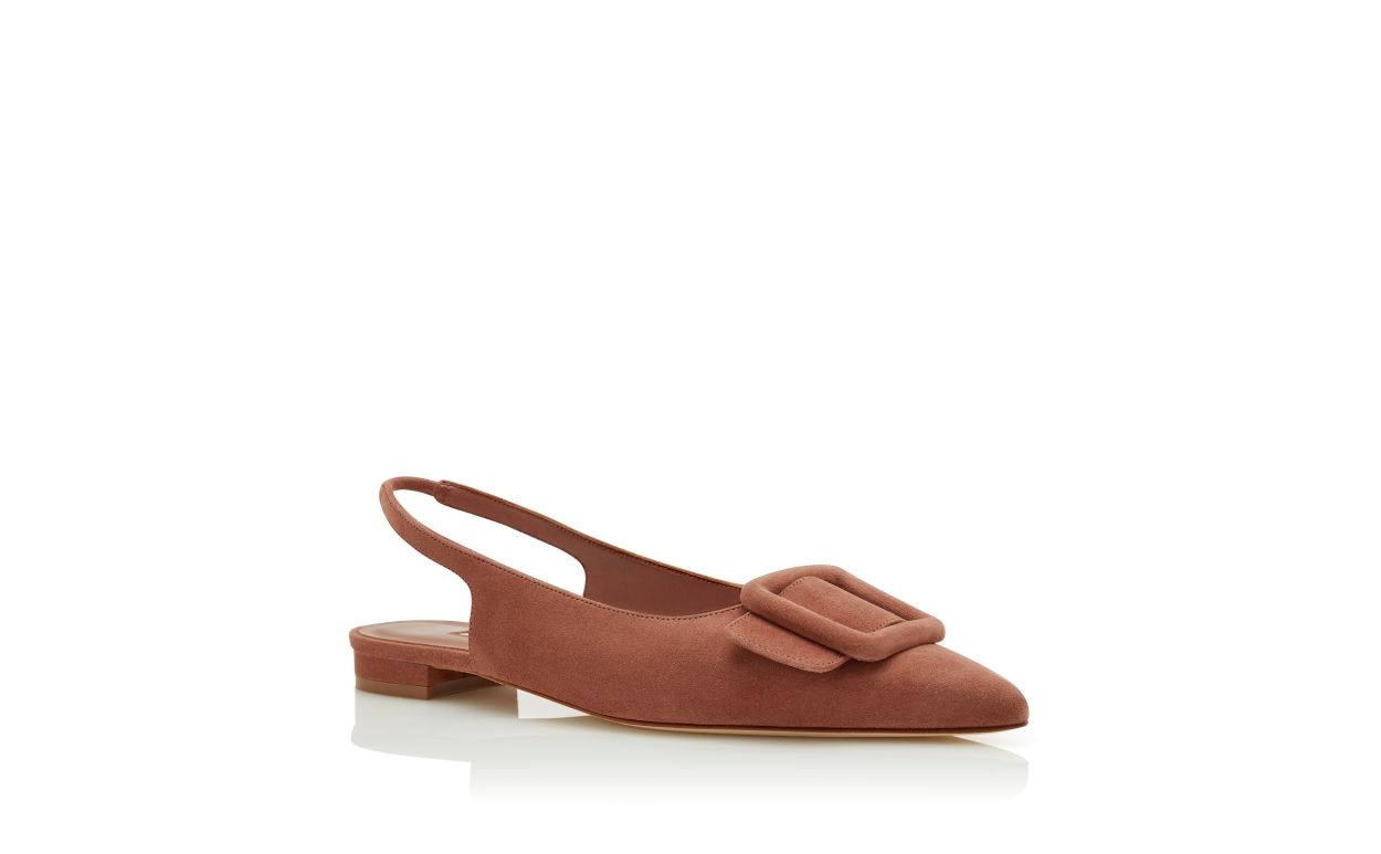 Brown Suede Buckle Detail Slingback Flat Pumps - 3