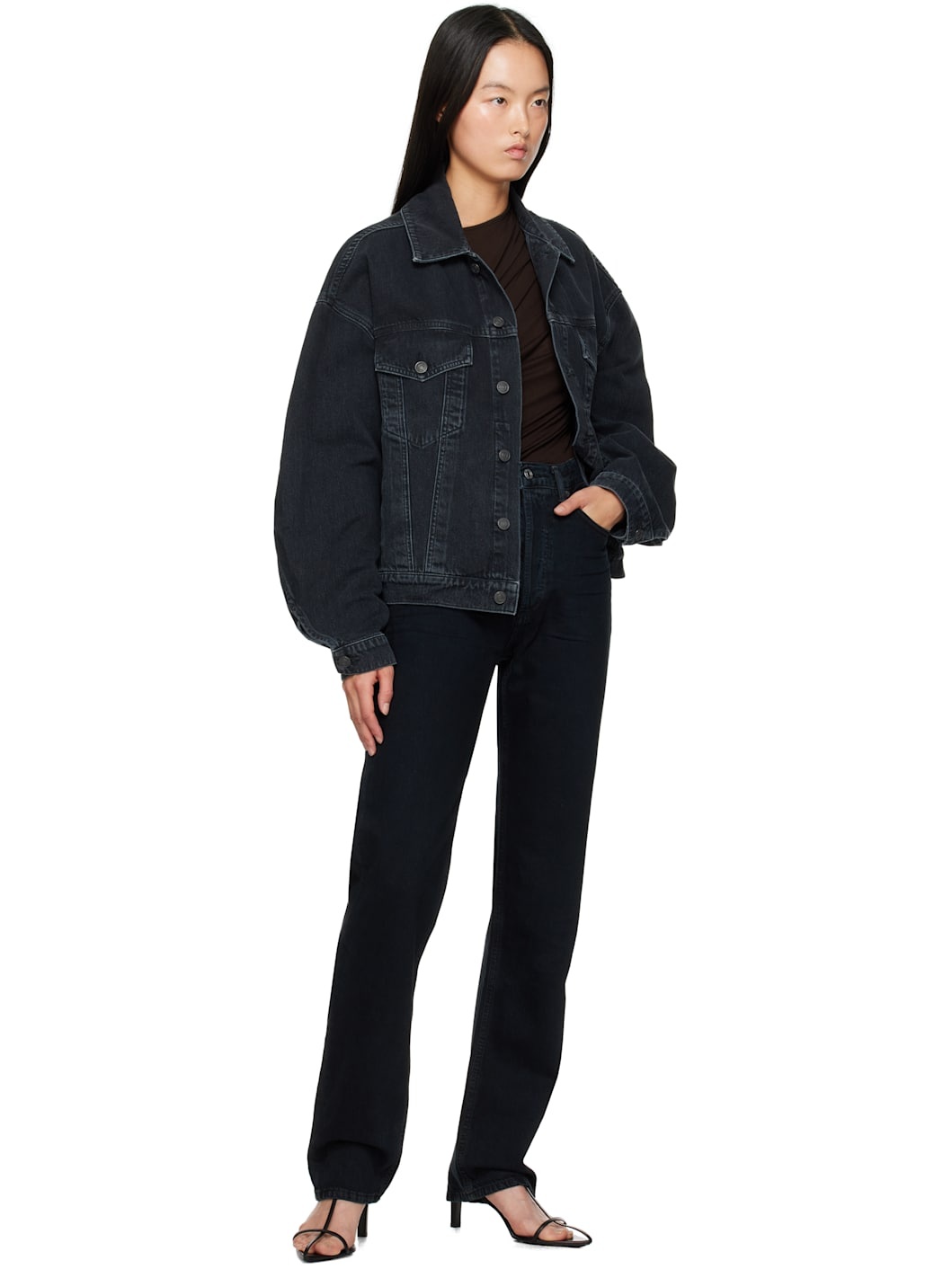 Black 90's Pinch Waist High Rise Straight Long Jeans - 4