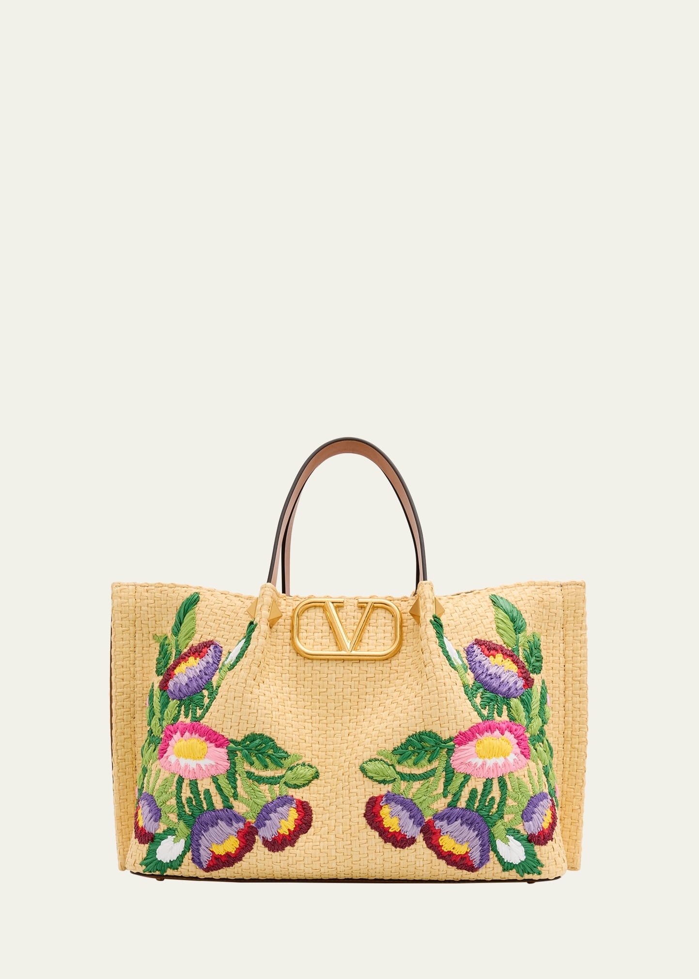 Floral Embroidered Raffia Medium Shopping Tote Bag - 1