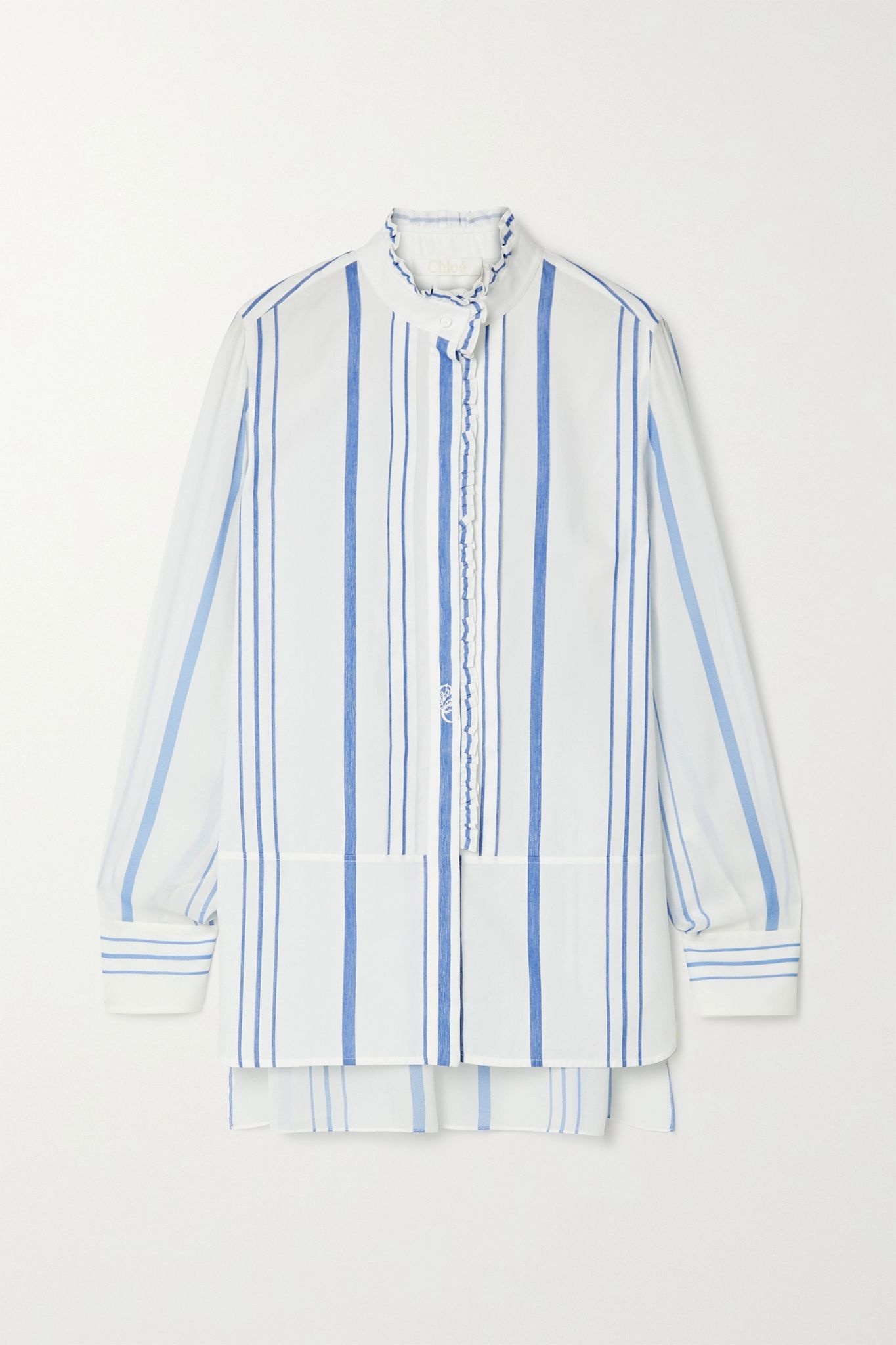 Ruffled striped cotton and crepe de chine shirt - 1