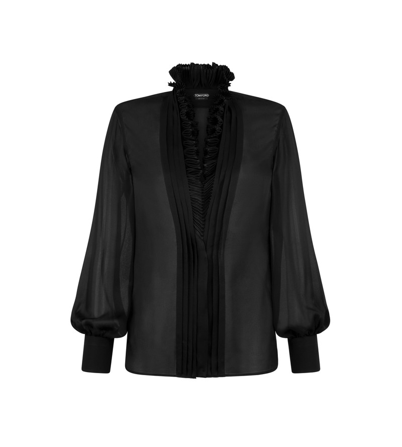 LONG SLEEVE V-NECK BLOUSE WITH PLISSE AND RUFFLES 1