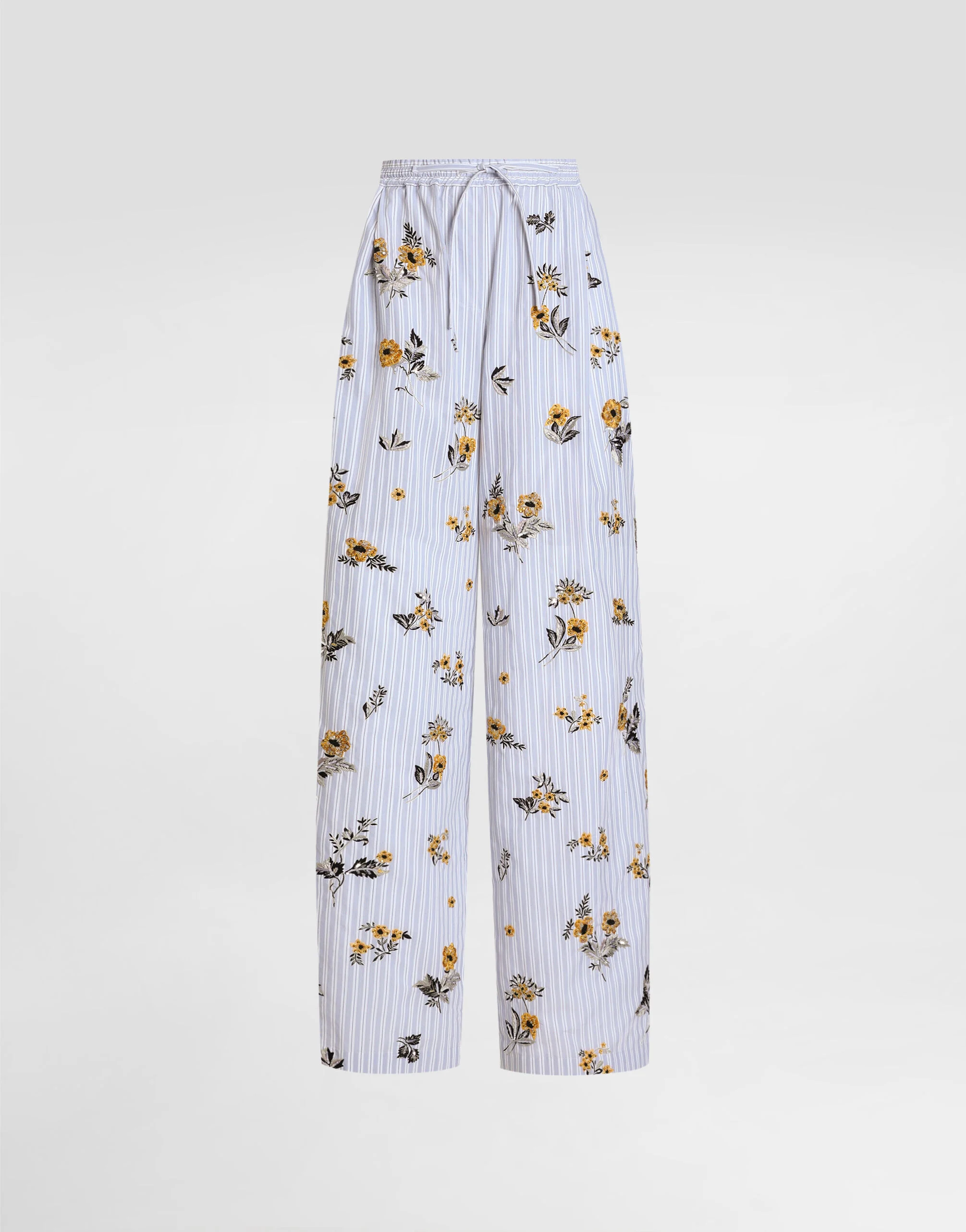 Poplin trousers with thread floral embroidery and rhinestones - 1