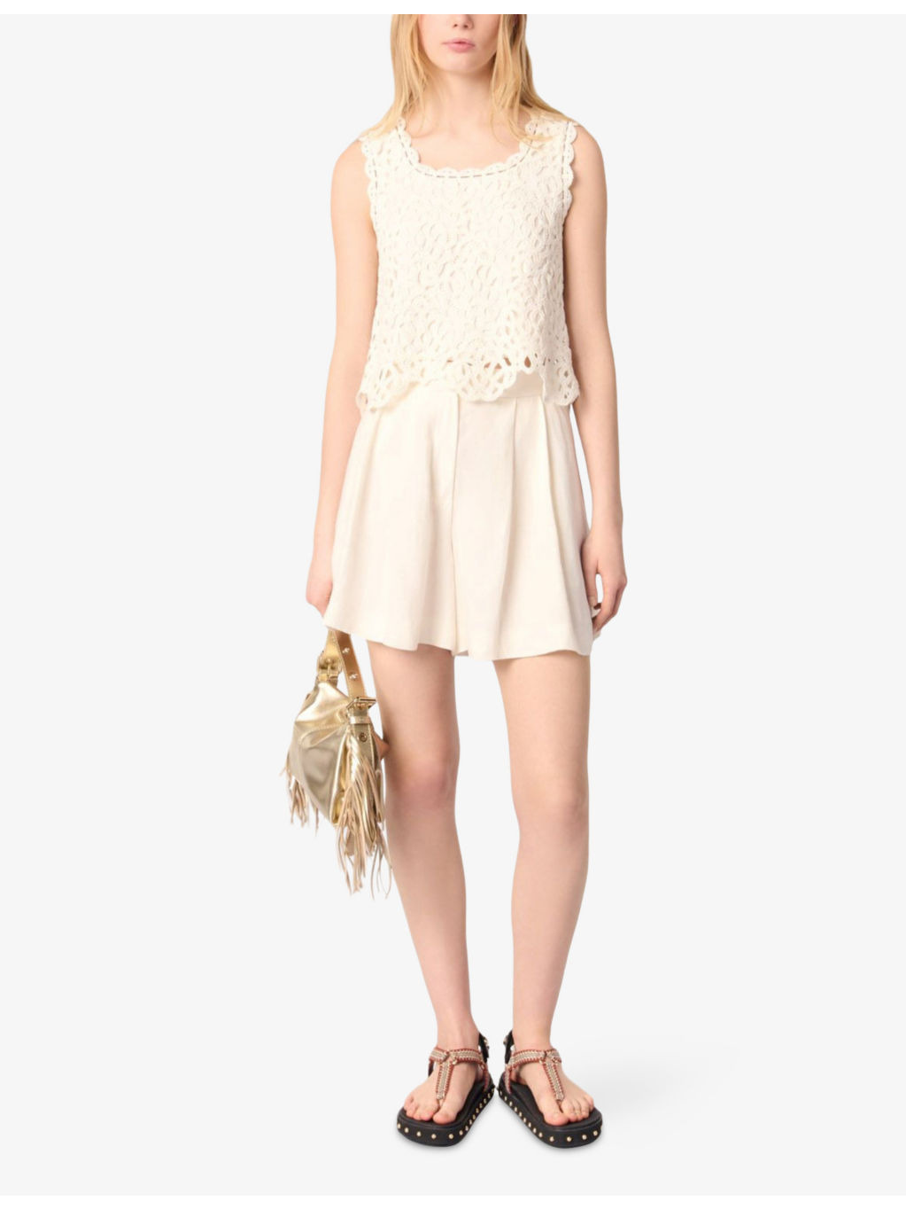 Sleeveless Cropped Open-Knit Crochet Cotton Top - 2