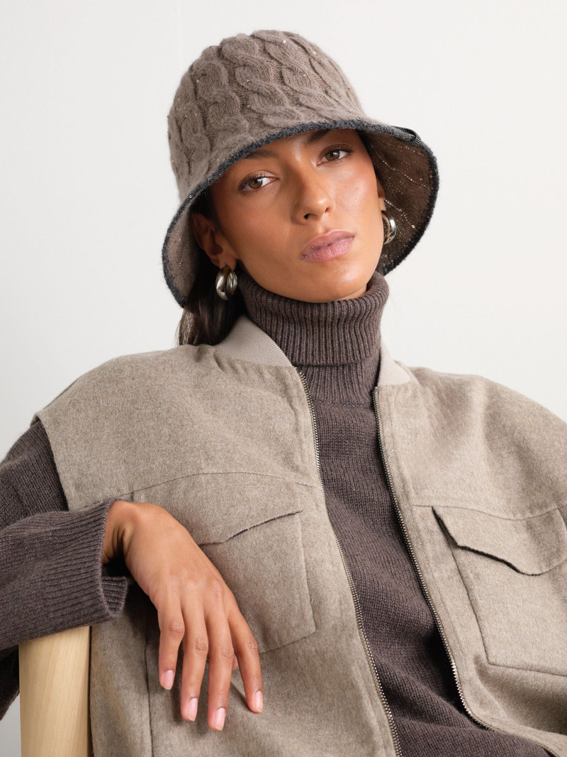 Brunello Cucinelli Embellished cable-knit bucket hat Light brown outlook