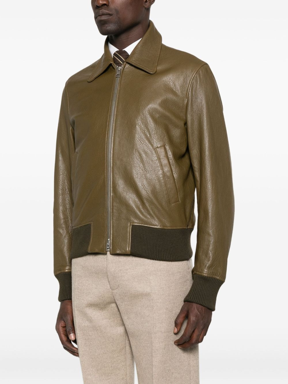 ribbed-trim leather jacket - 3