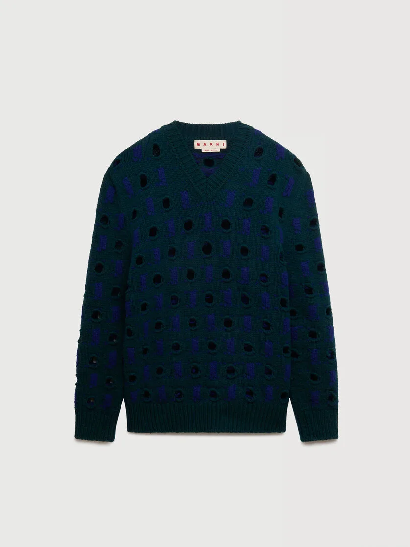 BLUE WOOL-CASHMERE SWEATER WITH CUT-OUT POLKA DOTS - 1