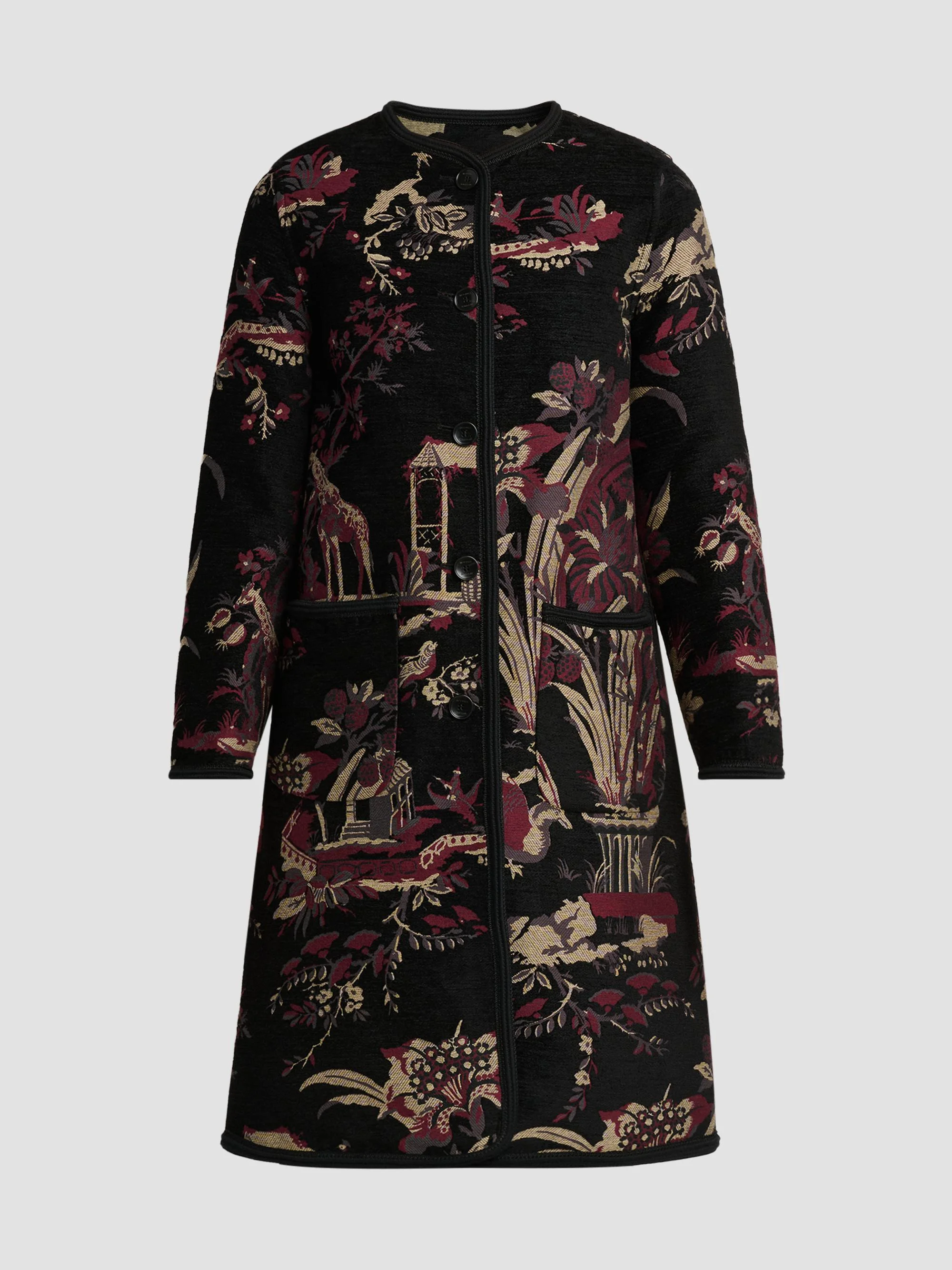 Women's Jacquard Collarless Coat - Multicolor Black Base - 1