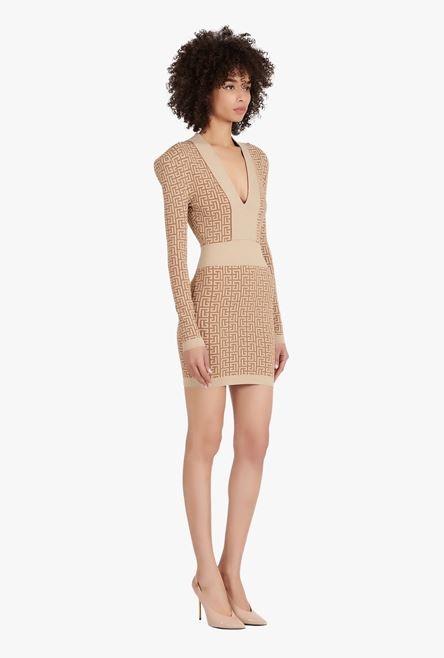 Short brown and gold knit dress with Balmain monogram - 7