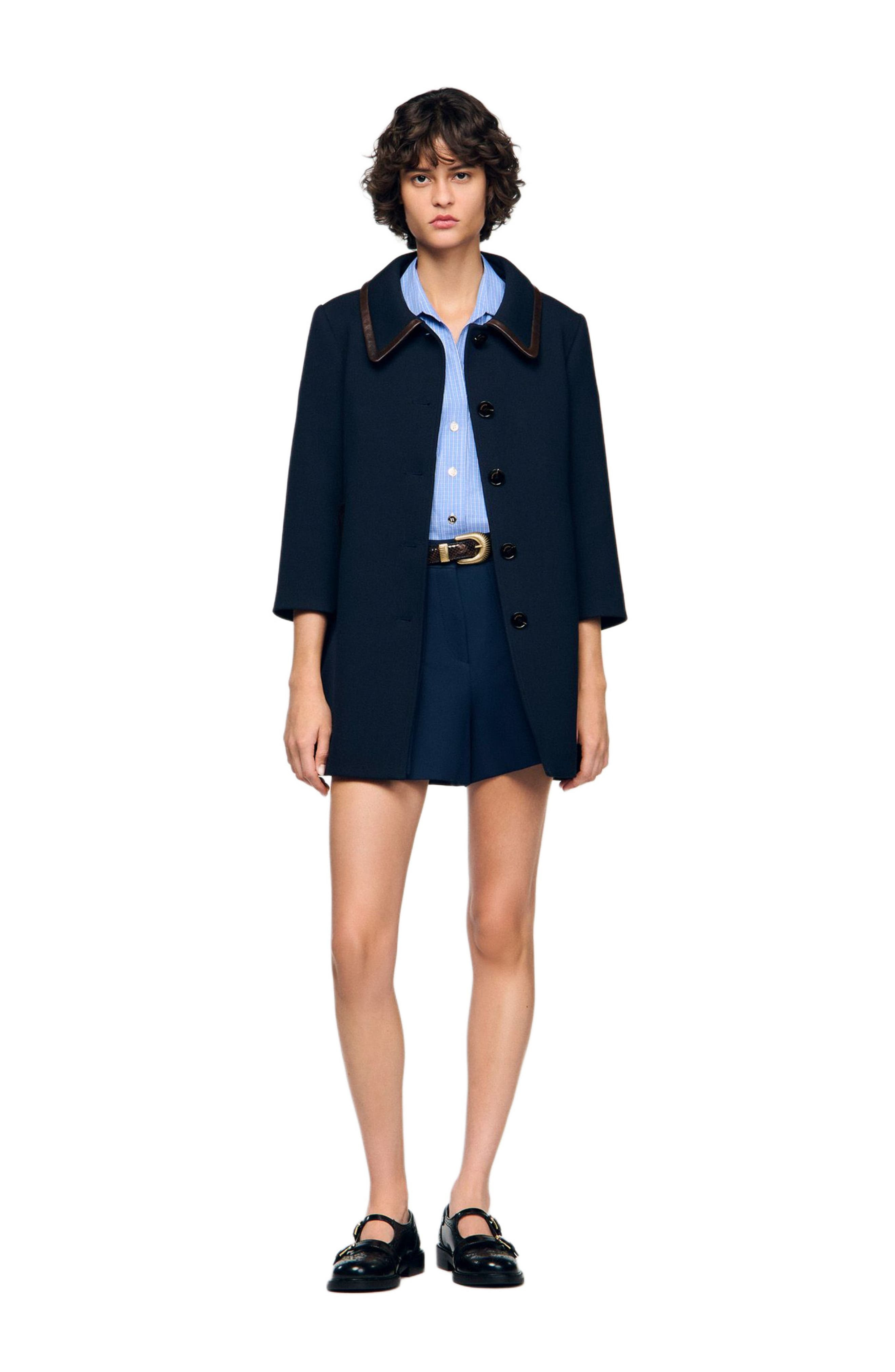 SANDRO Coat with leather stripes in Navy Blue at Nordstrom - 3