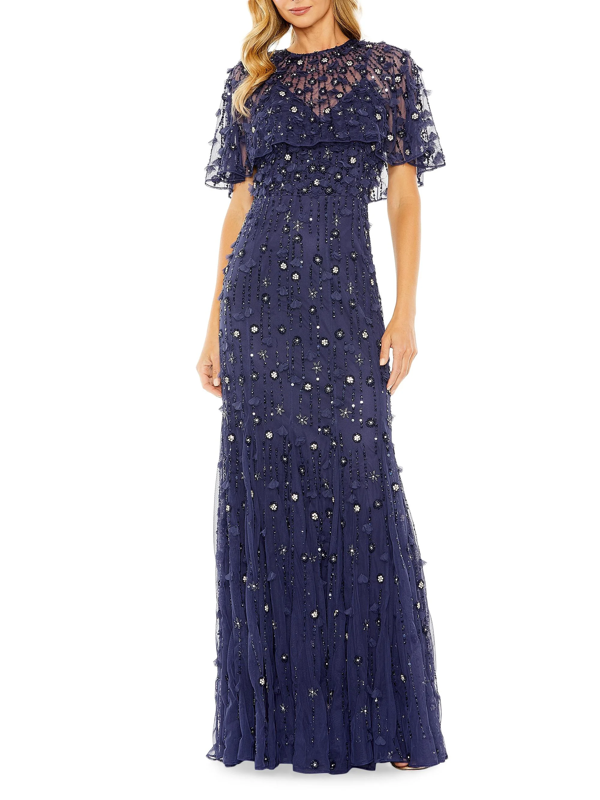 Women's Embellished Illusion Cape-Sleeve Trumpet Gown - Midnight - 1