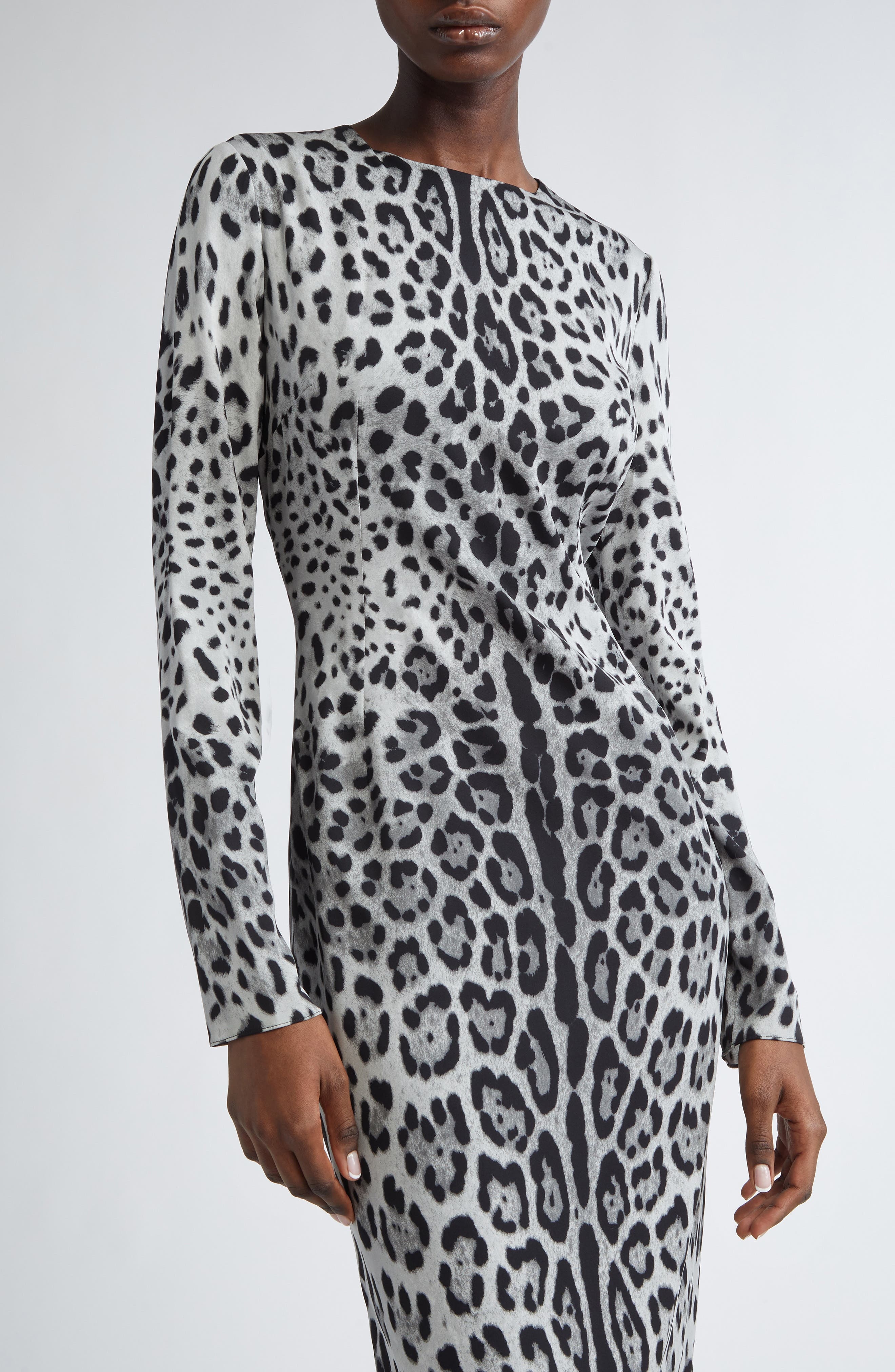 Dolce&Gabbana Leopard Print Long Sleeve Charmeuse Sheath Dress in Hi13N Leo Nero Fdo Grigio at Nords - 4