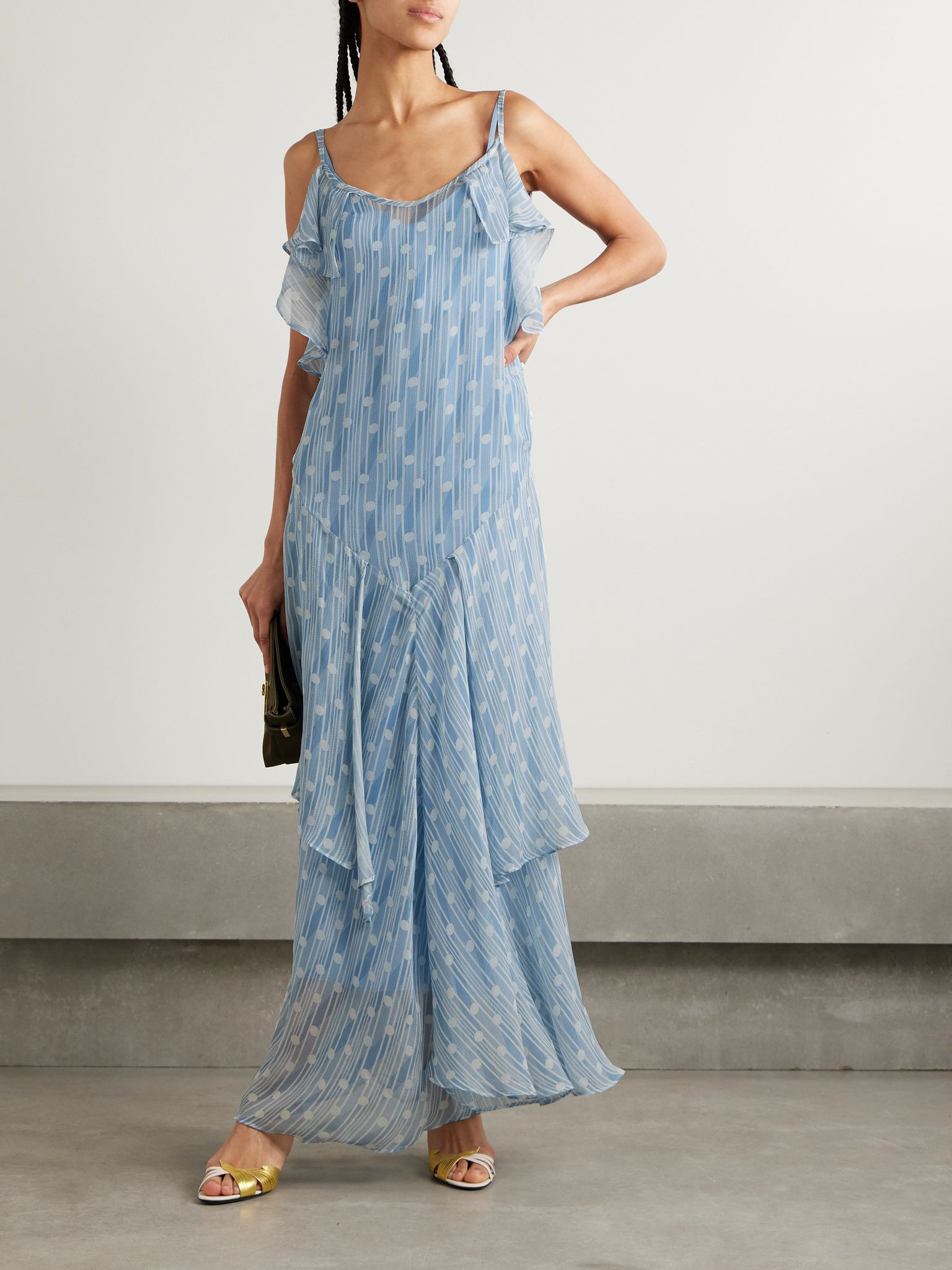 Meridian ruffled printed silk-crepon maxi dress Blue - 2