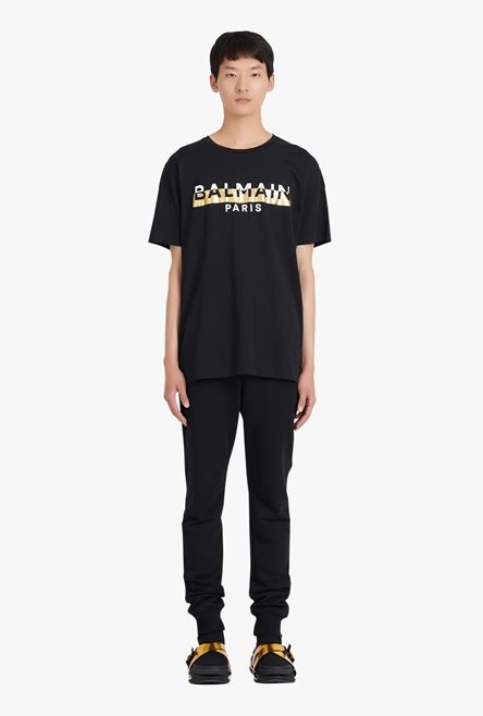 Oversized black eco-designed cotton T-shirt with white and gold Balmain logo print - 4