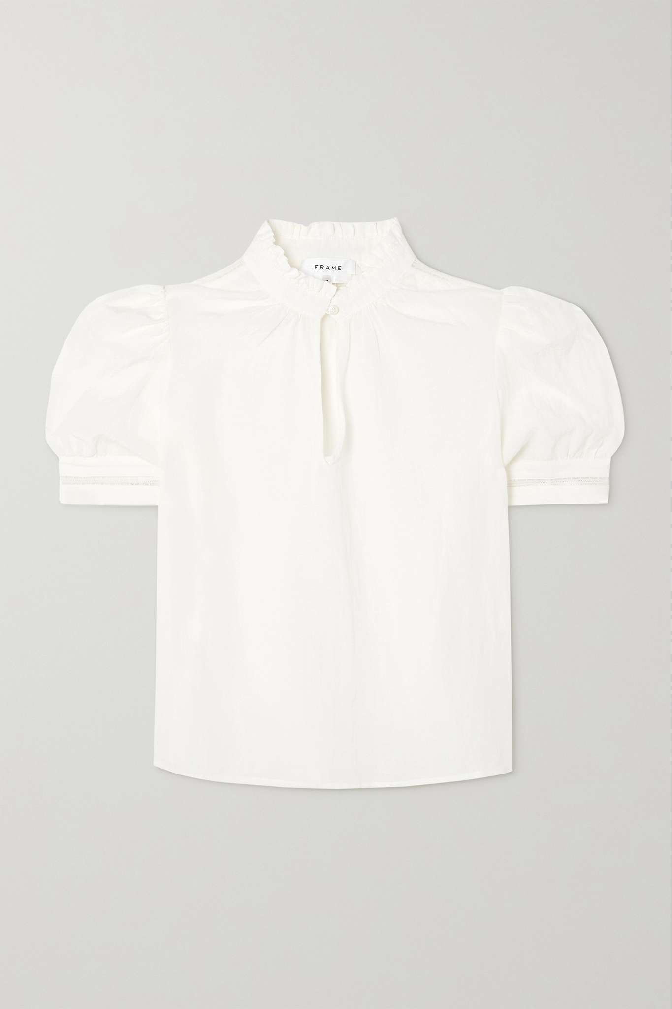 Lace-trimmed ruffled linen-blend blouse - 1