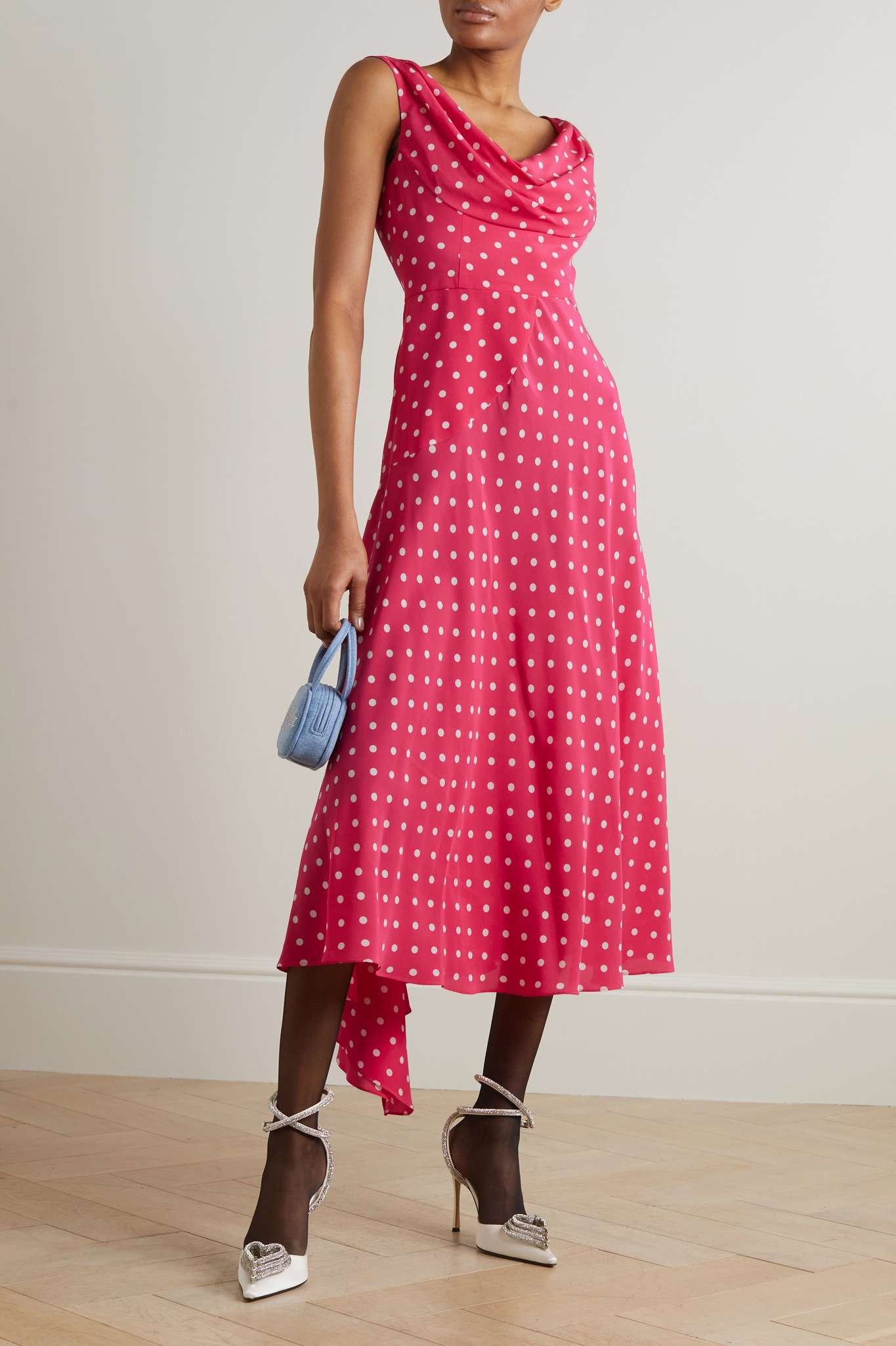 Asymmetric polka-dot silk crepe de chine midi dress - 2