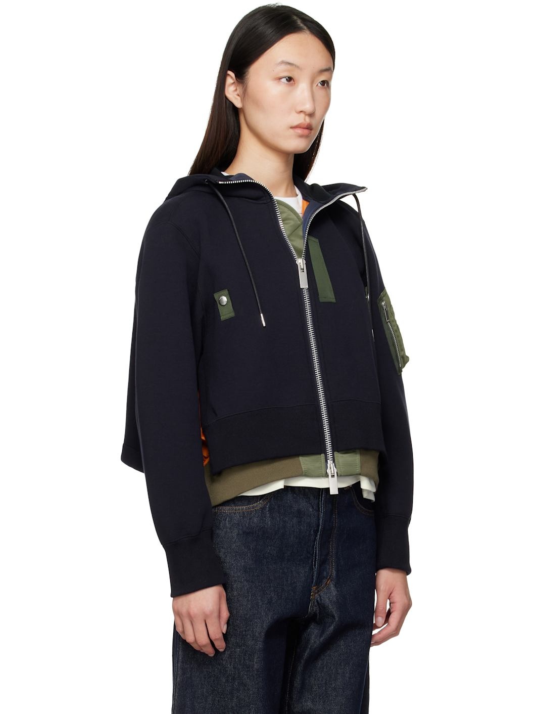 Navy & Khaki Sponge Sweat x Nylon Twill Hoodie - 2