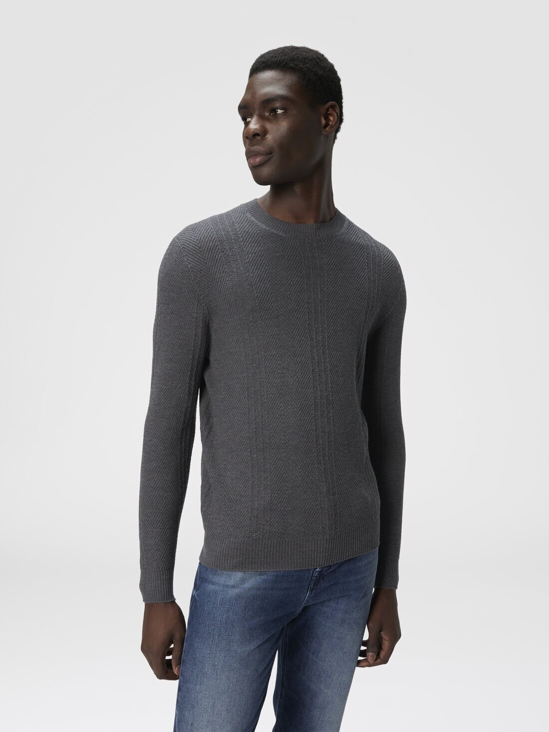 Crew Neck Sweater in Wool with Chevron Pattern - 4