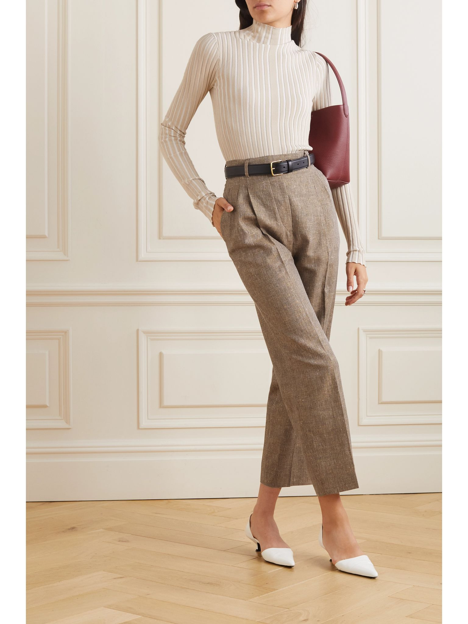 Wybie cropped pleated linen-blend wide-leg pants Brown - 2