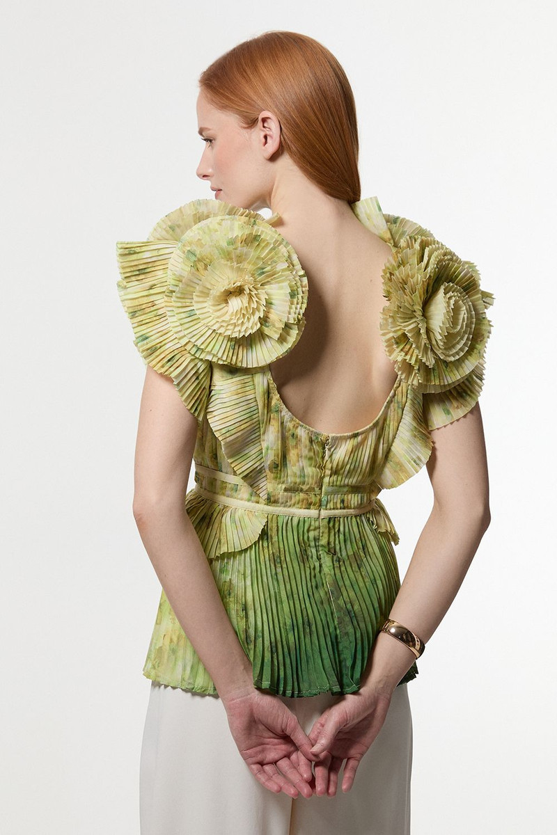Crinkle Pleat Border Print Blouse With Rosette Detail 5