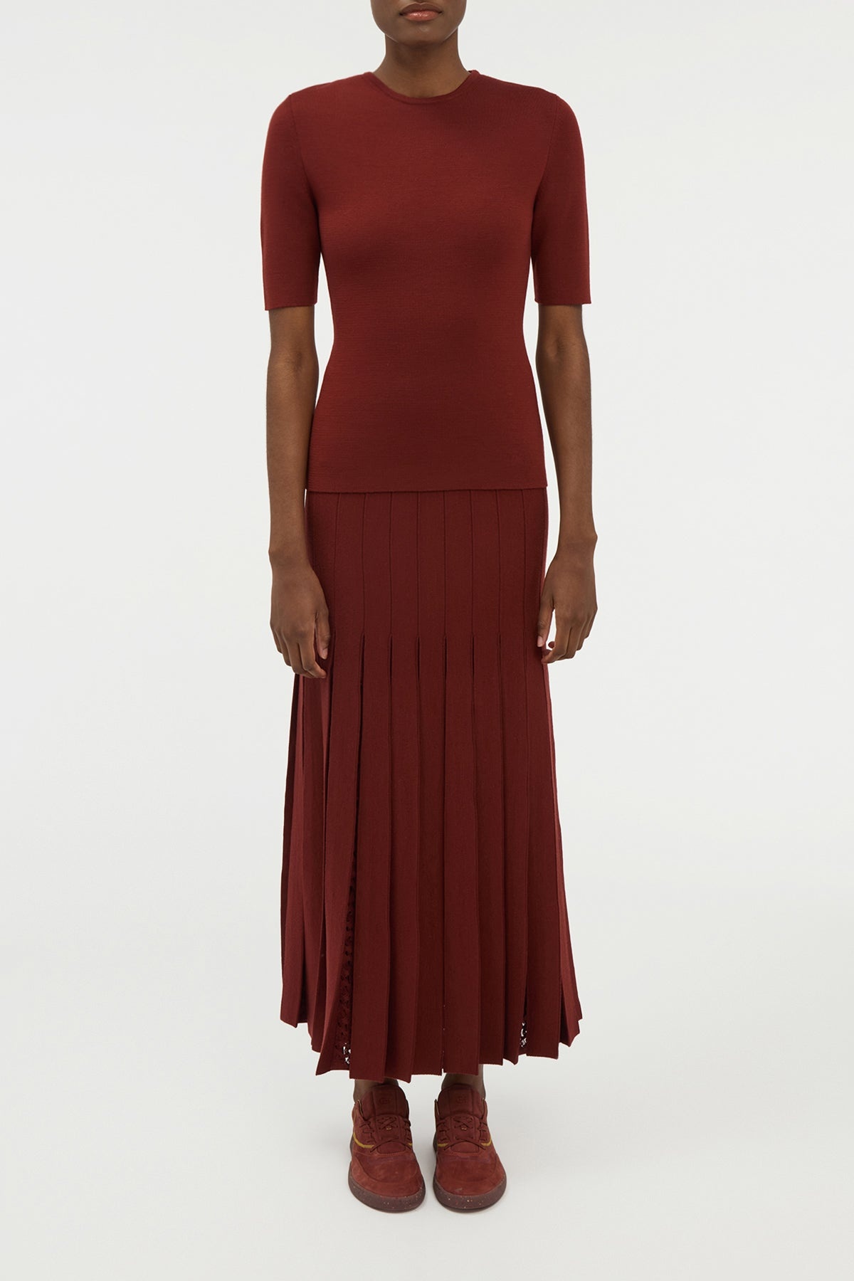 Debutante Knit Pleated Maxi Skirt in Burnt Sienna Merino Wool - 2
