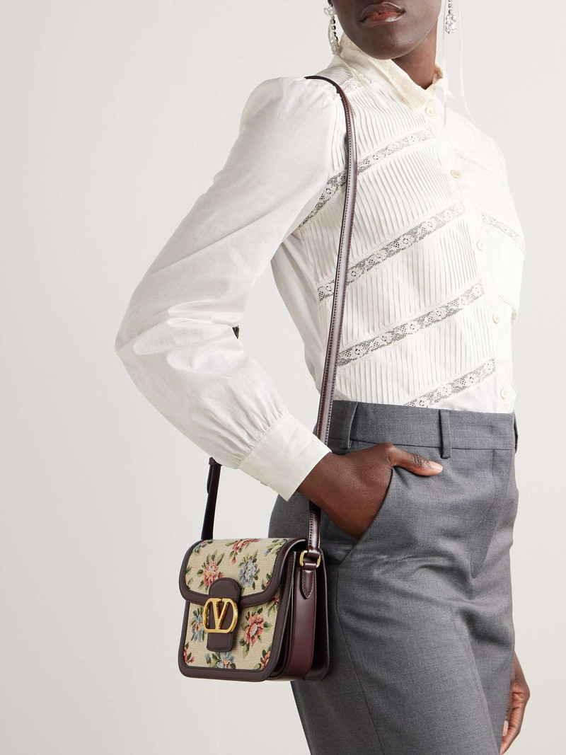 Valentino 9to5 leather-trimmed canvas-jacquard shoulder bag Chocolate outlook