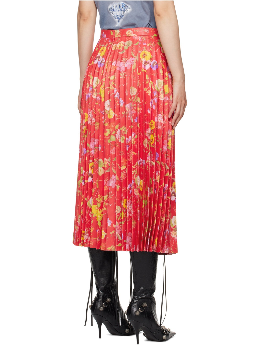 Red Floral Leather Midi Skirt - 3