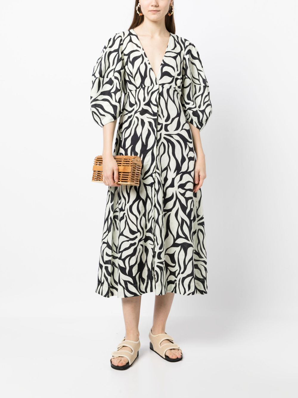 botanical-print button-up v-neck dress - 2