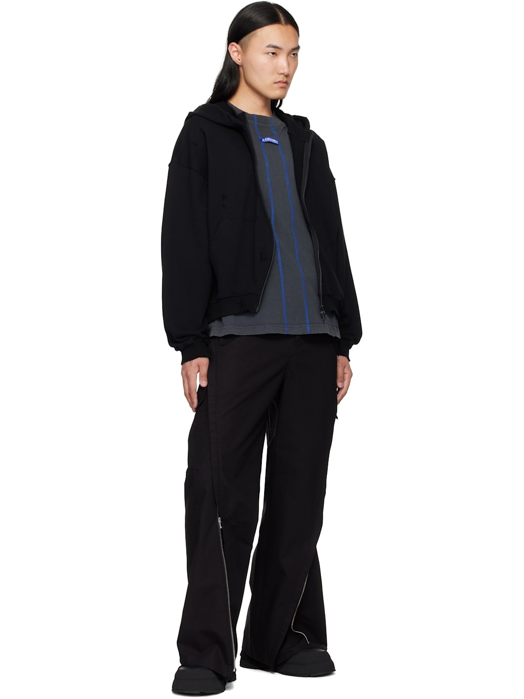 Black Damaged Round Hem Curved Zip-Up Hoodie - 4