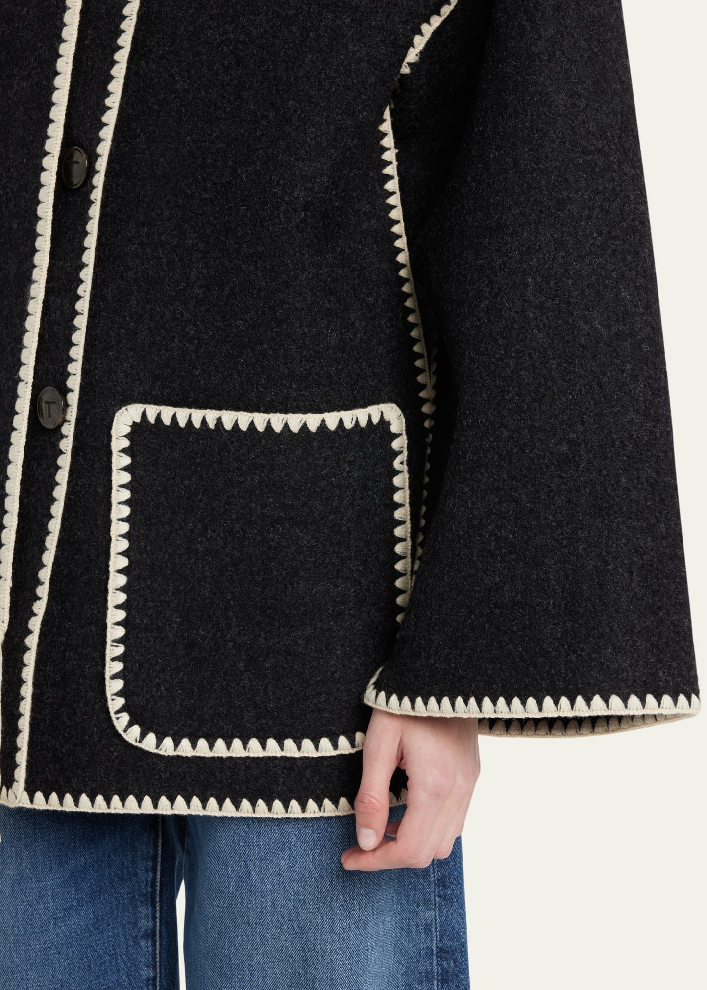 Embroidered Fringe Contrast-Trim Scarf Wool Jacket - 5
