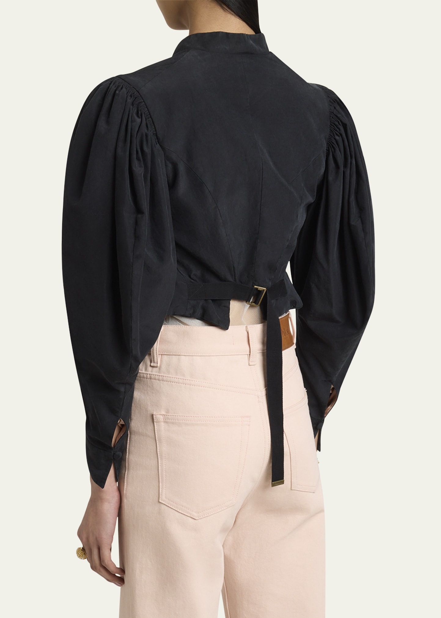 Puff-Sleeve Cropped Silk Jacket - 3