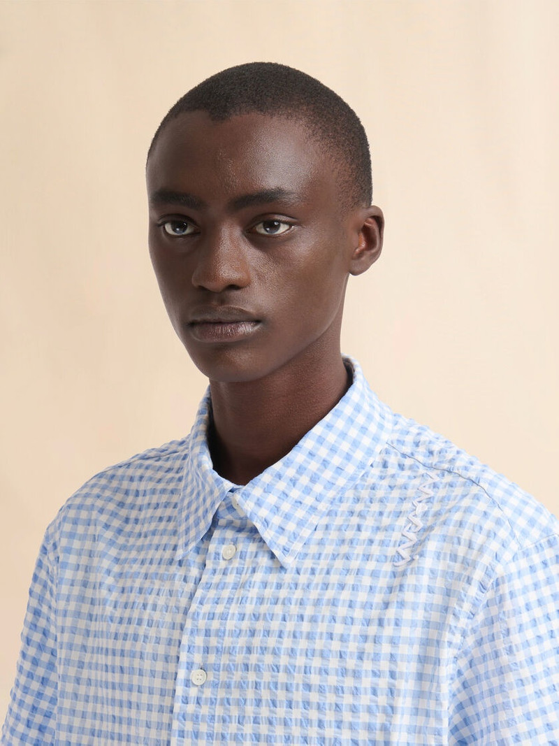 LIGHT BLUE AND WHITE SEERSUCKER CHECKED SHIRT 4