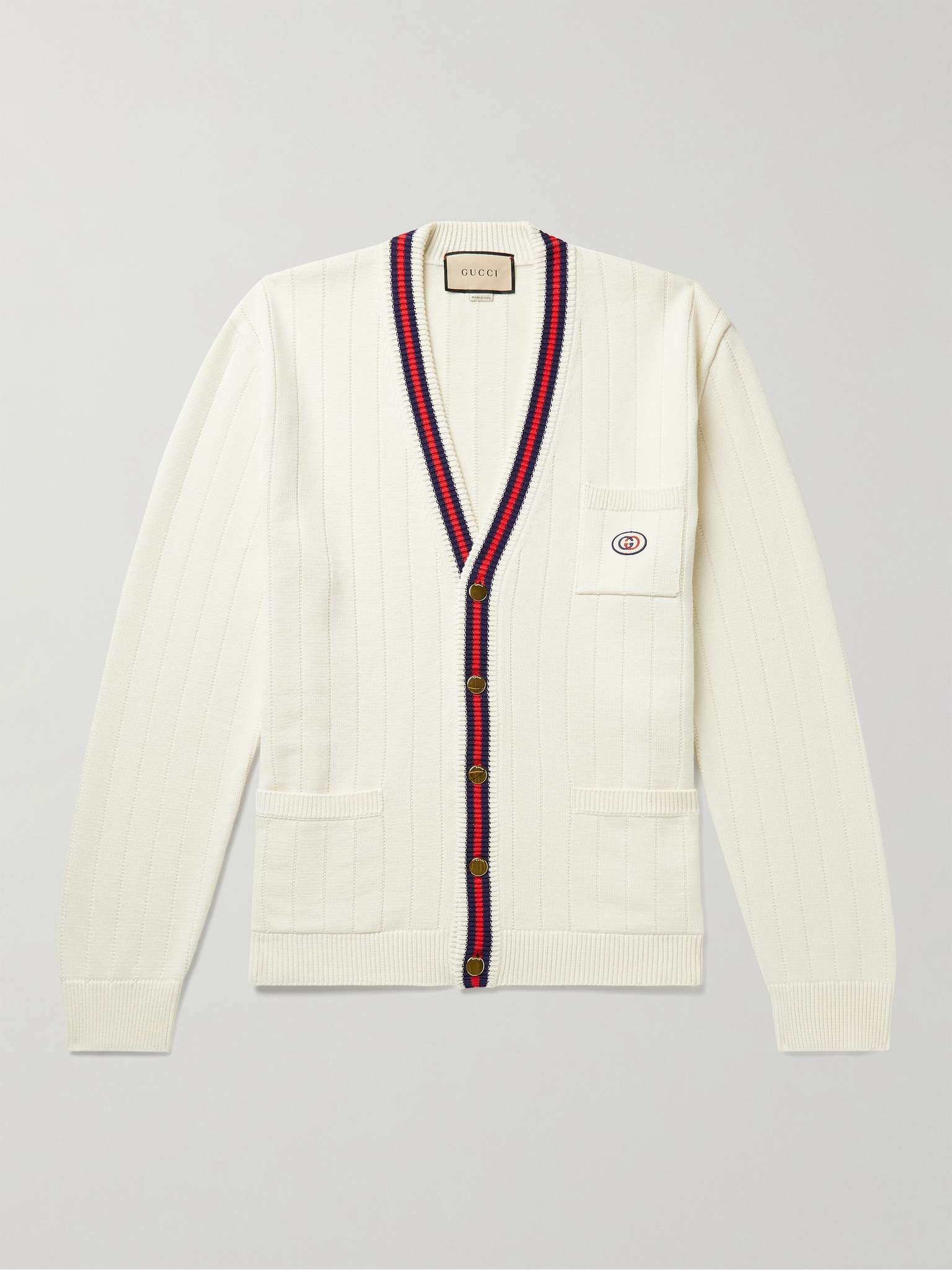 Logo-Appliquéd Striped Ribbed Cotton Cardigan - 1