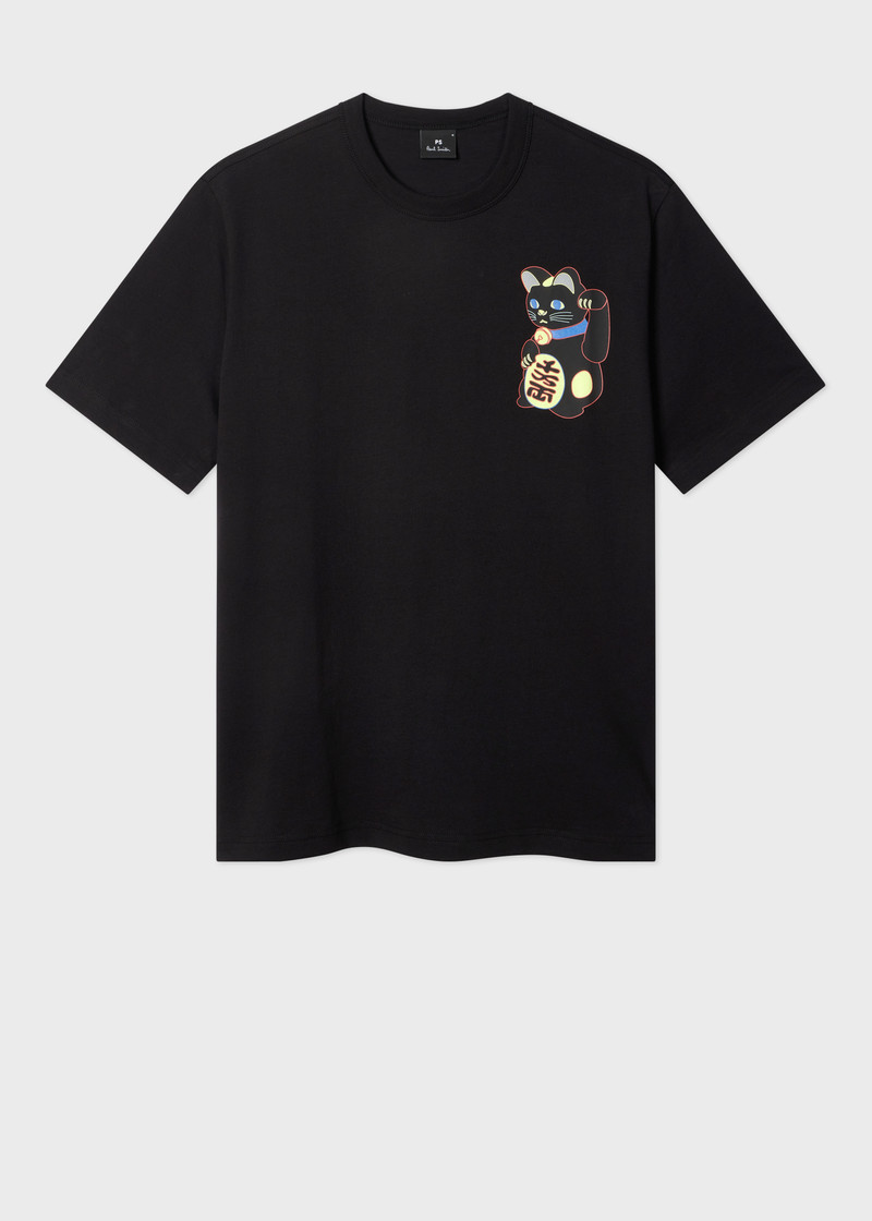 Black 'Lucky Cat' Print T-Shirt 1