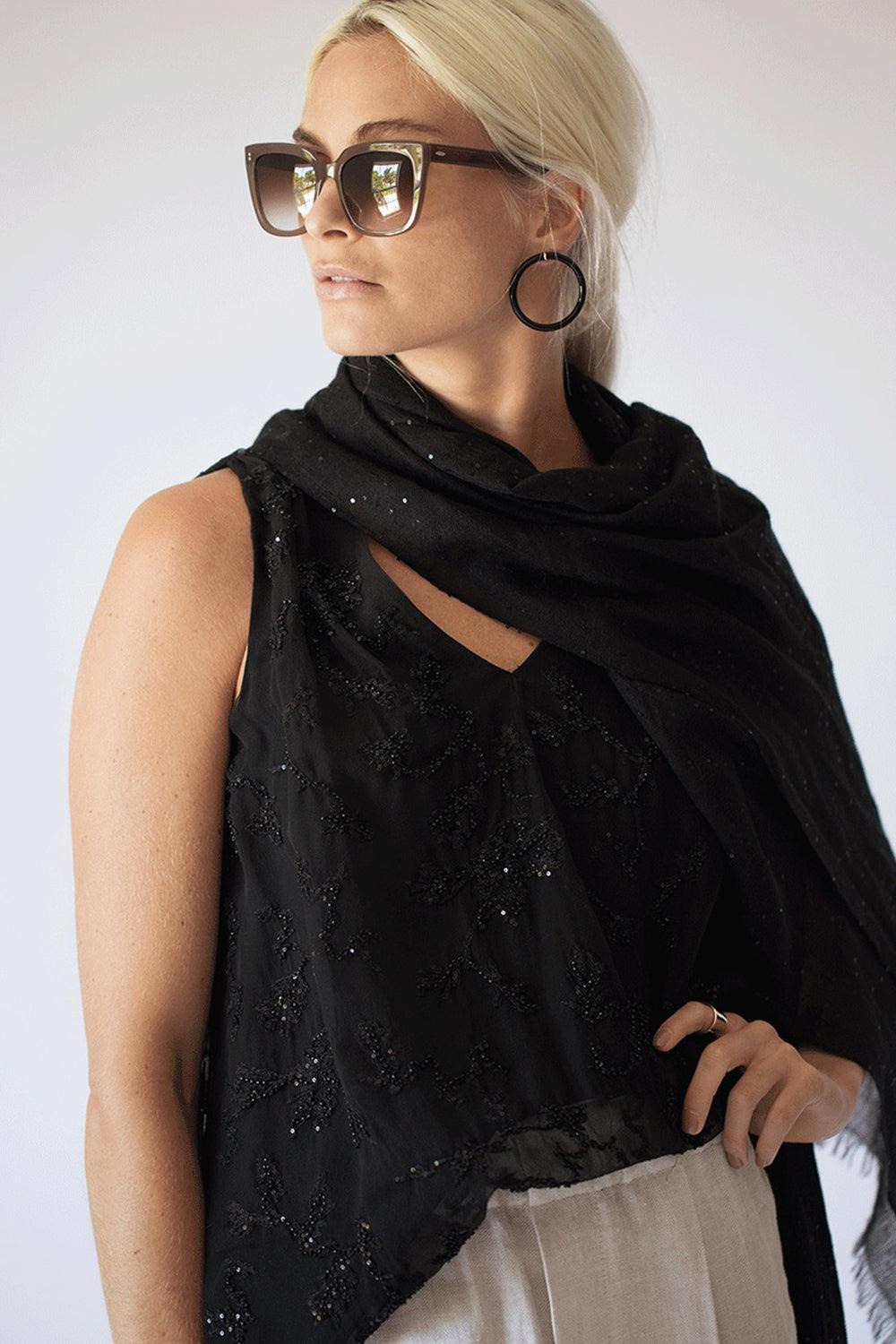 Black Cashmere Silk and Paillette Scarf - 5