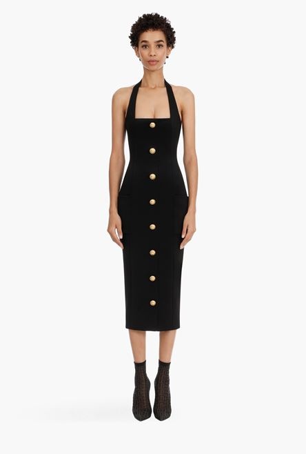 Midi length open back black dress with gold-tone buttons - 4