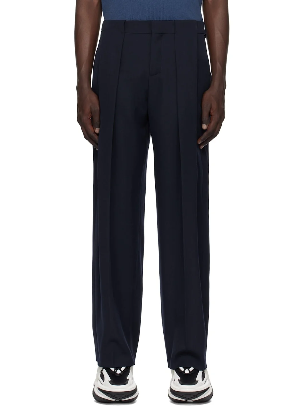 Navy Pleated Grain De Poudre Trousers - 1