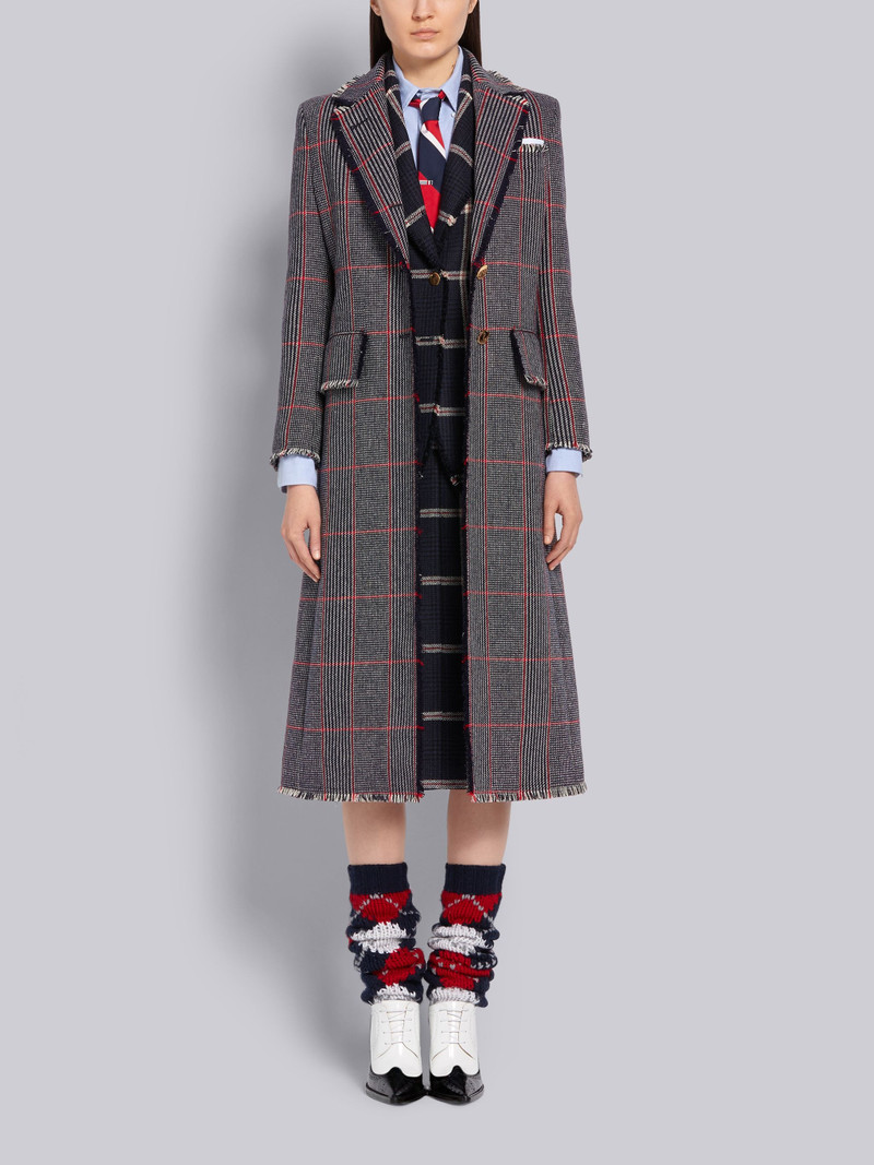 Tricolor Oversized Check Hunting Wool Tweed Frayed Wide Lapel Overcoat 4
