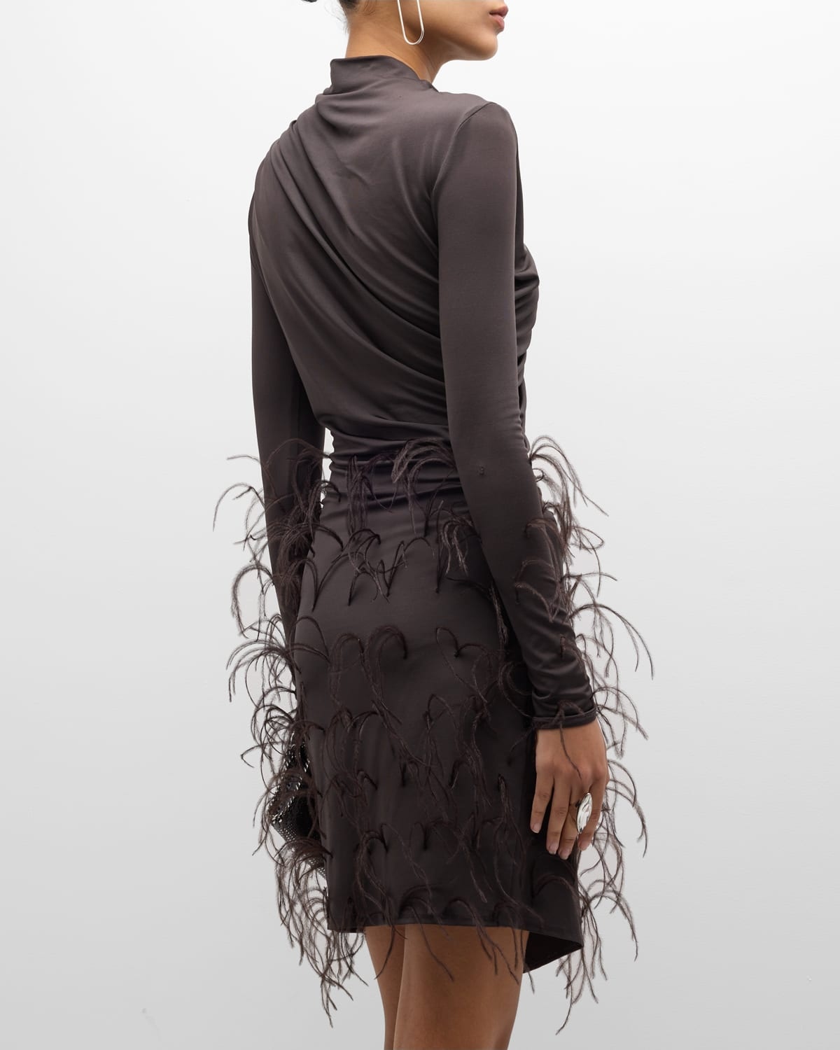 Feather-Trim Long-Sleeve Draped Jersey Mini Dress - 6