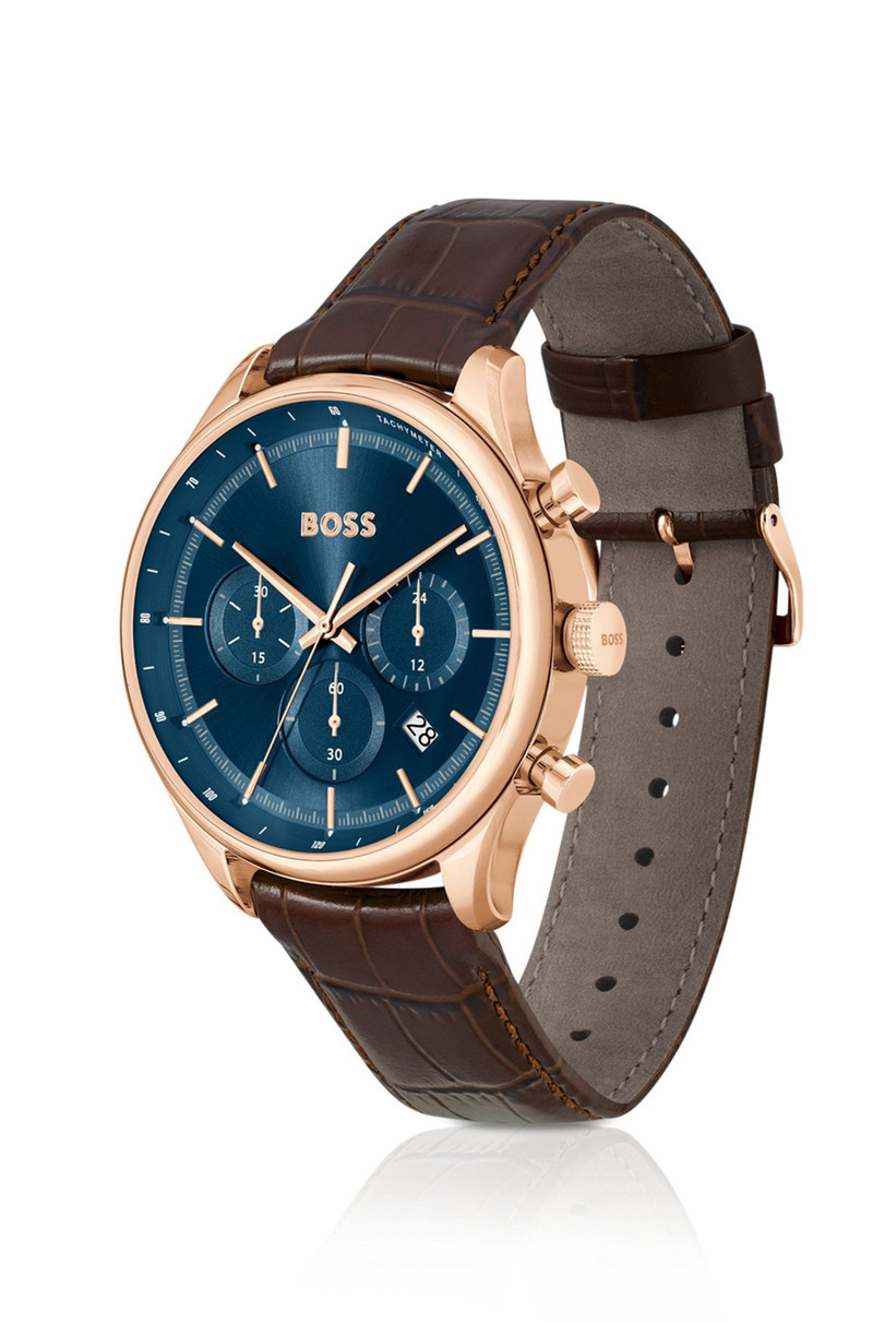BOSS GOLD-TONE CHRONOGRAPH WATCH WITH BROWN LEATHER STRAP outlook