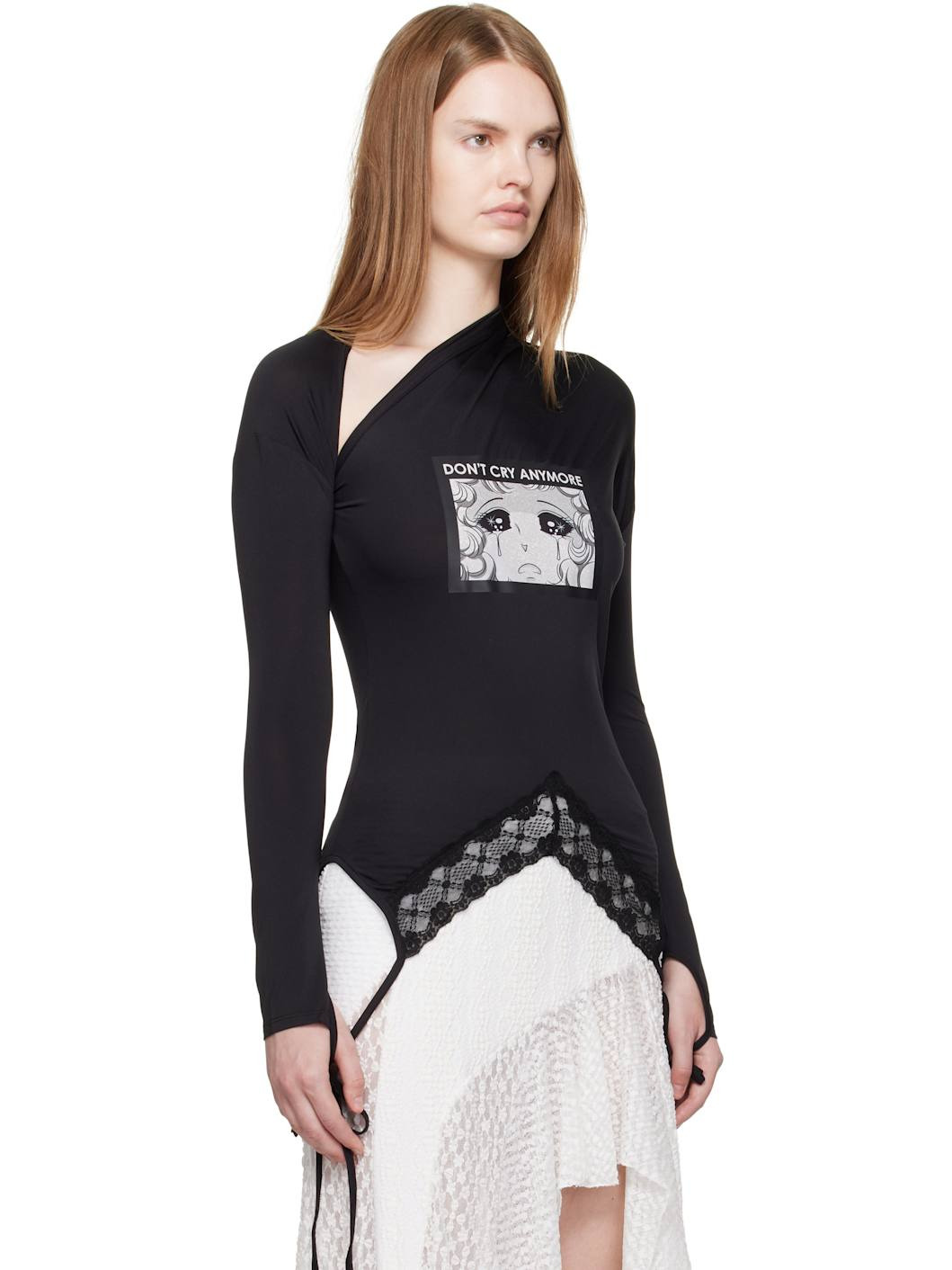 Black Asymmetry Neck Jersey T-shirt - 2
