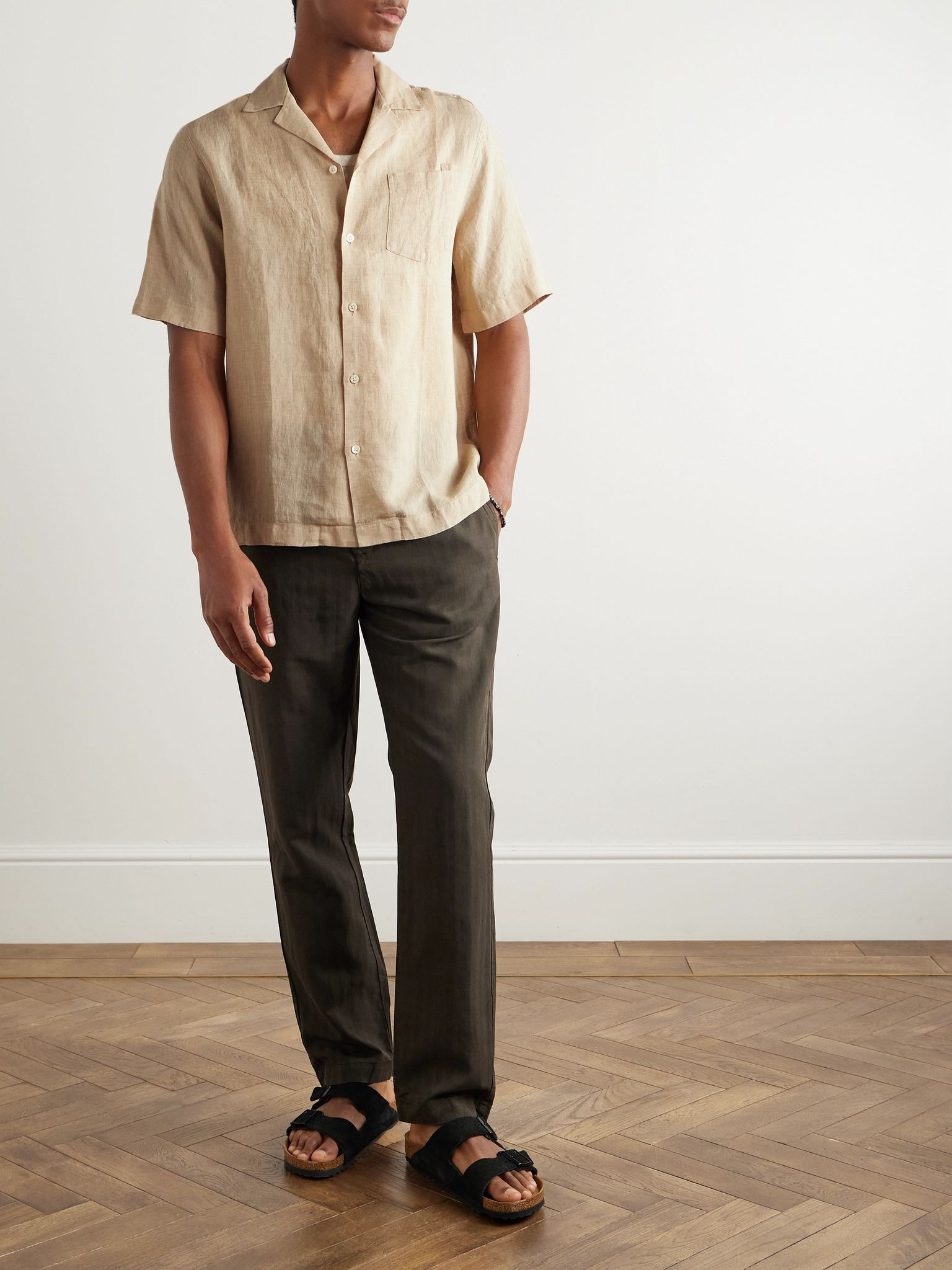 Angelo Camp-Collar Linen Shirt Beige - 2