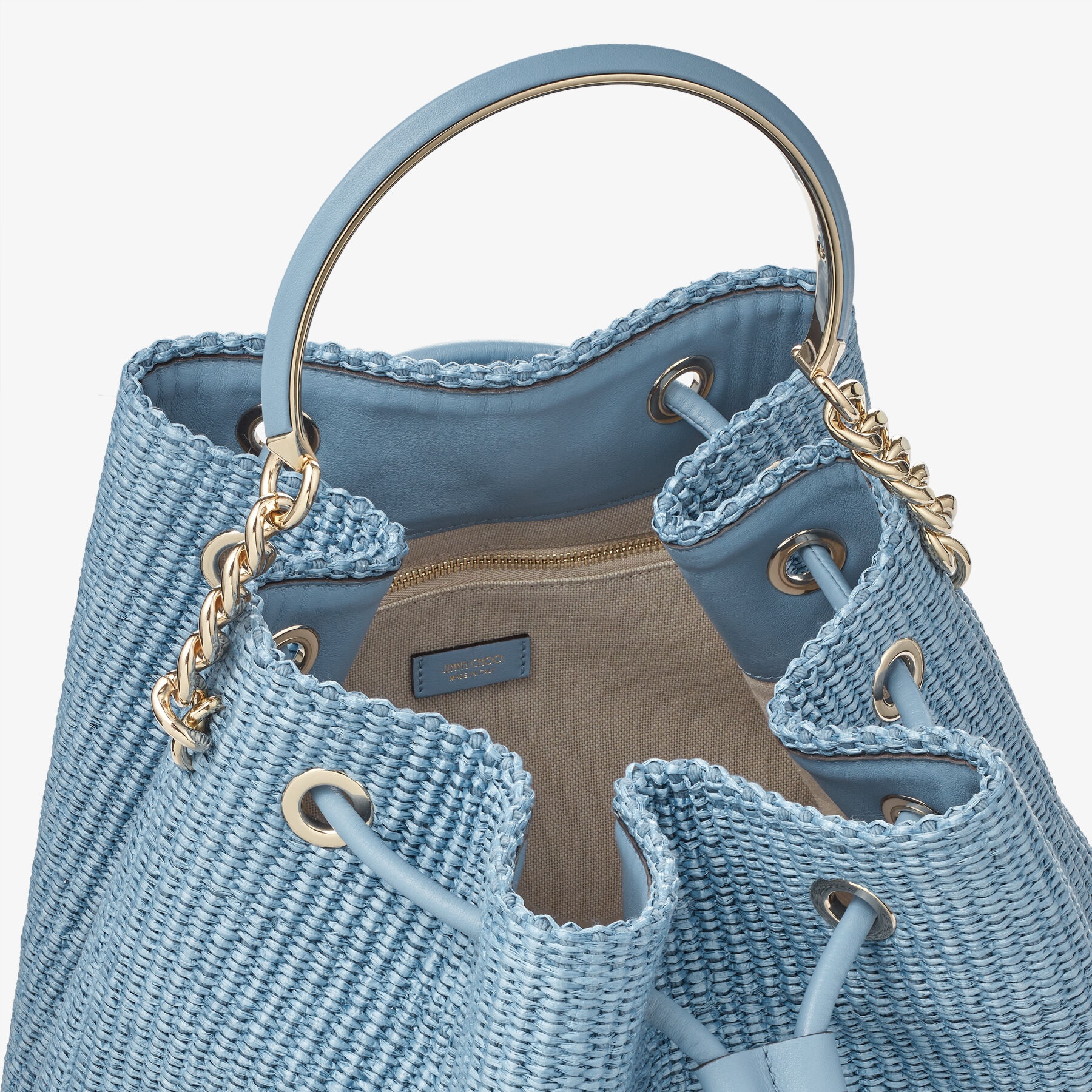 Bon Bon Bucket Maxi
Smoky Blue Raffia and Smooth Leather Bucket Bag - 4