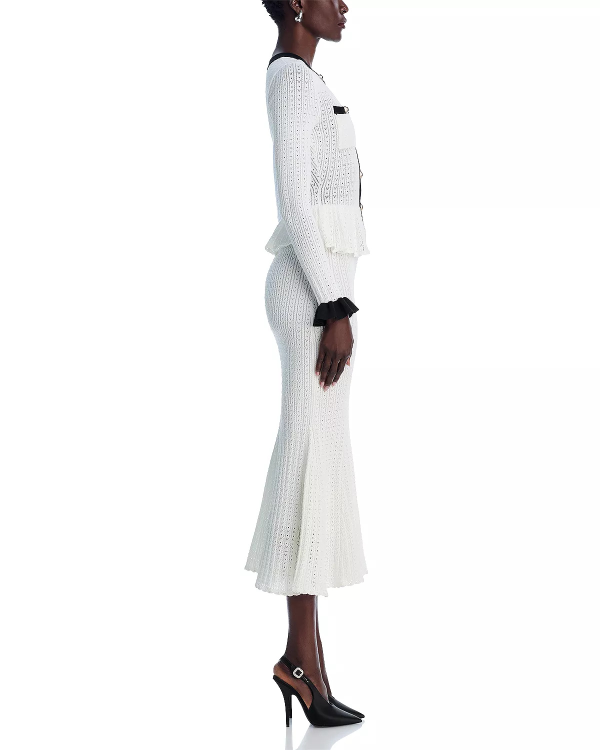 White Pointelle Knit Contrast Midi Dress - 5