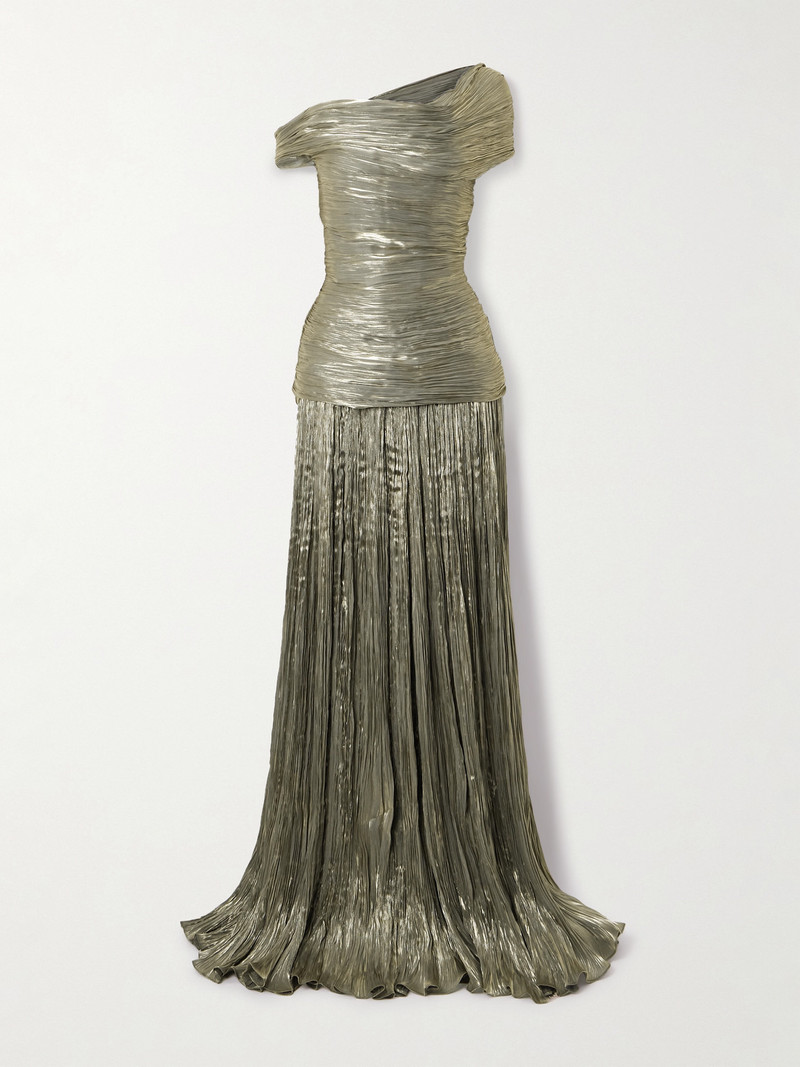 Off-the-shoulder Ruched Metallic Plissé-chiffon Gown 1