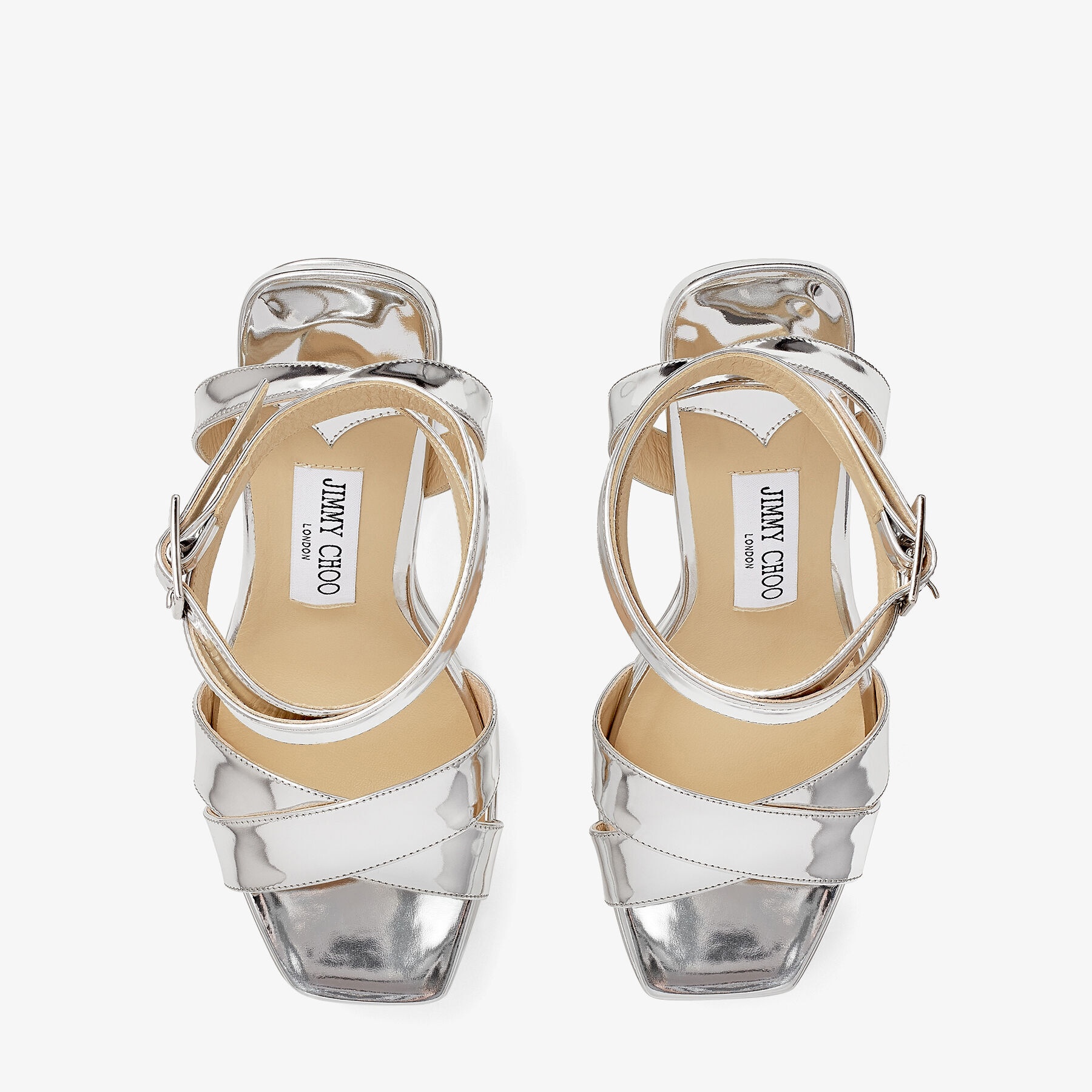 JIMMY CHOO Gaia 140 Silver Liquid Metal Leather Platform Sandals 