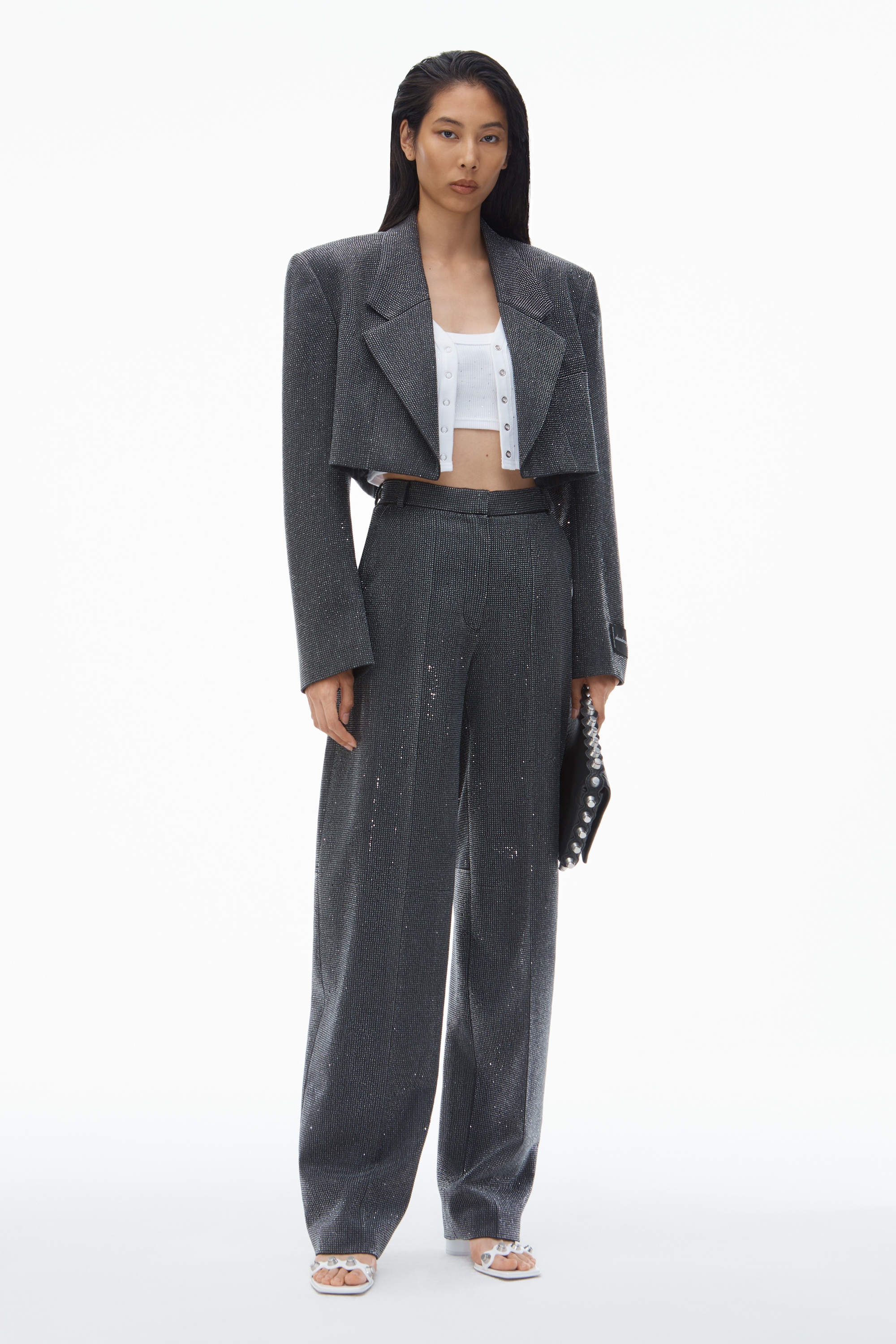 High Waist Pant in Wool Twill with Clear Bead Hotfix - 2