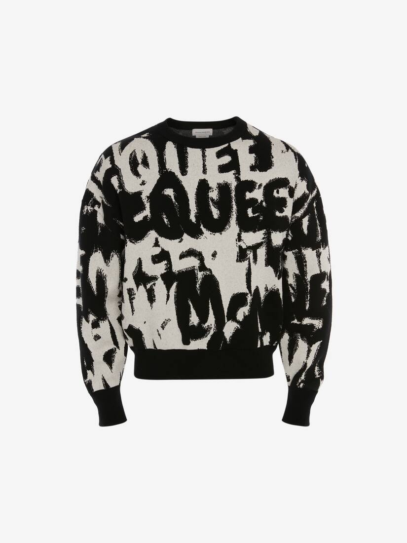 Mcqueen Graffiti Crew Neck Sweatshirt in Black/ivory - 1