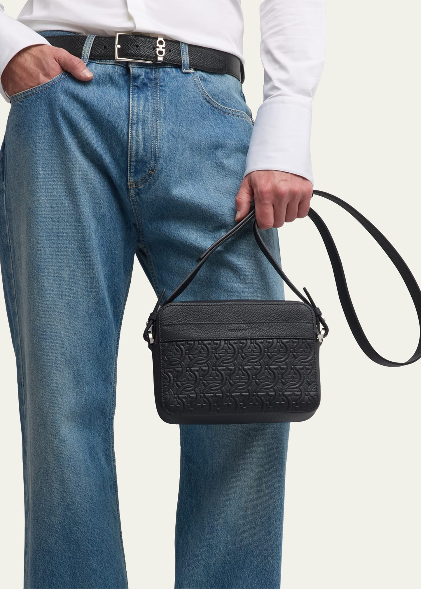 Men's Embossed Gancini Leather Crossbody Bag - 5